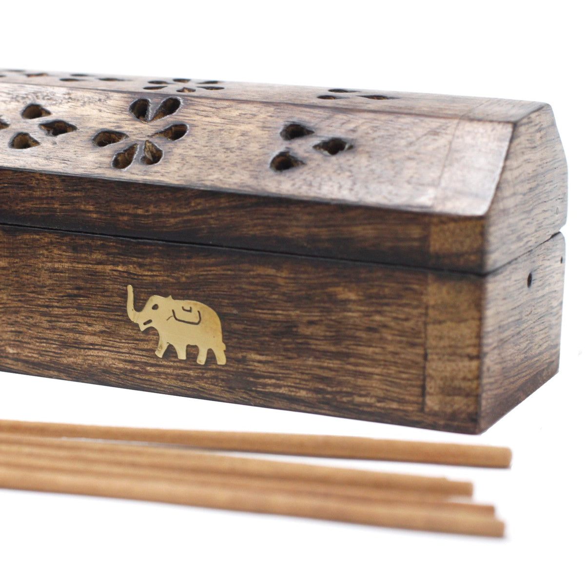 Mango Wood Incense Smoke Box - Elephants - Natural, close-up of the closed pierced lid and gold elephant detail with wooden sticks in front, by Quintessential Holistic Health Ltd