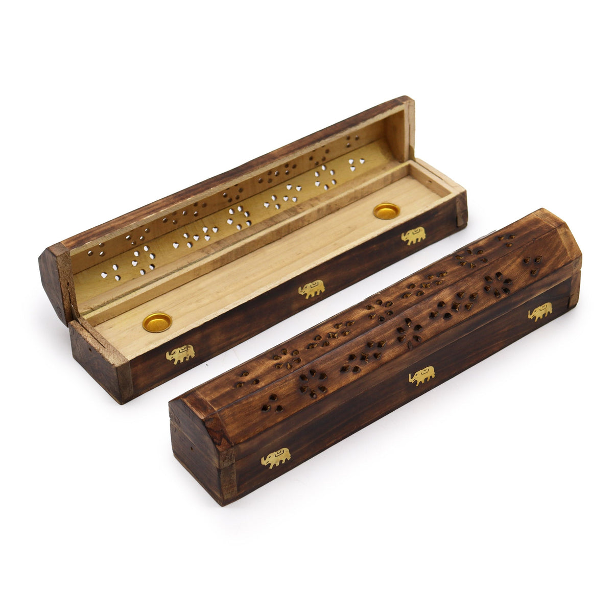 Mango Wood Incense Smoke Box - Elephants - Natural, shown as one open and one closed long box with pierced lids and gold elephant details, by Quintessential Holistic Health Ltd