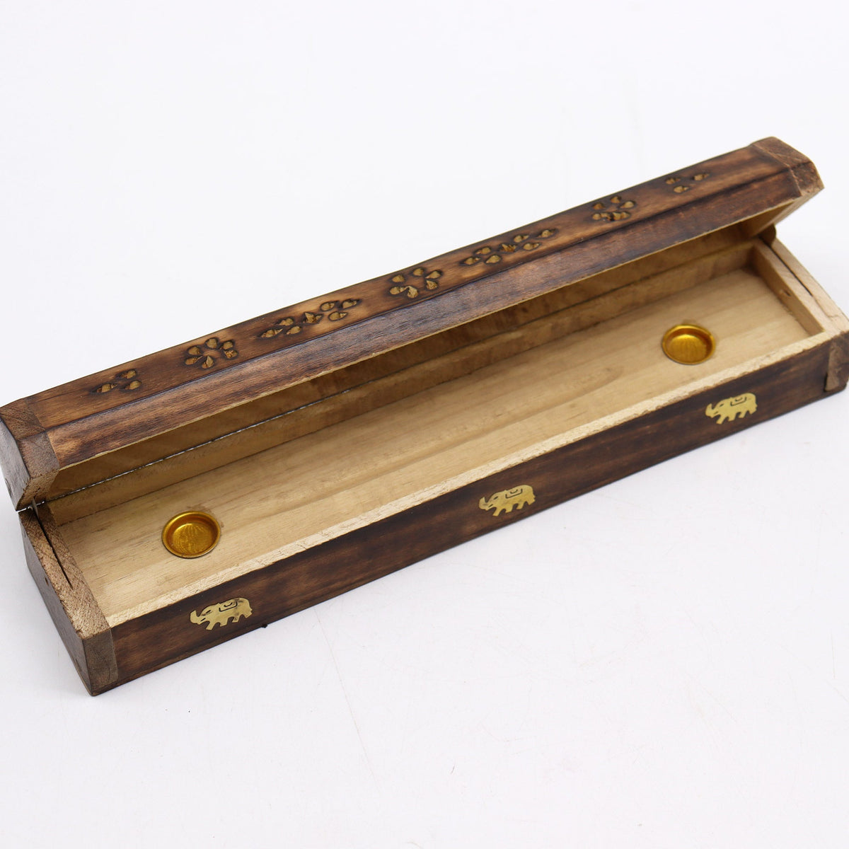Mango Wood Incense Smoke Box - Elephants - Natural, open with its pierced hinged lid raised and two round brass-coloured fittings inside, by Quintessential Holistic Health Ltd