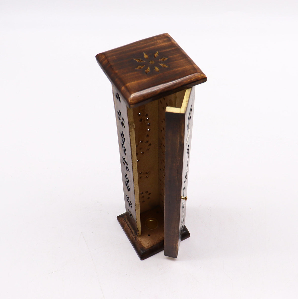 Mango Wood Square Incense Tower with Brass Inlay with a dark square top, star-shaped inlay and pierced side panels by Quintessential Holistic Health Ltd