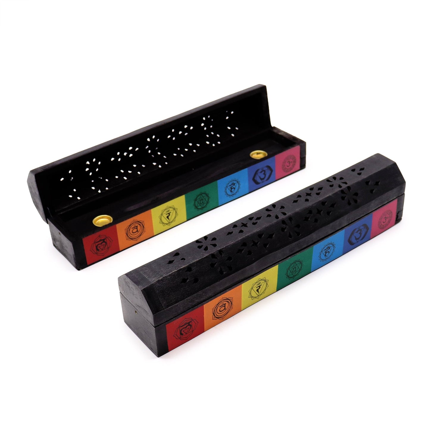 7 Chakra Mango Wood Incense Smoke Box shown open beside a closed pierced box, both with colourful symbol panels, by Quintessential Holistic Health Ltd
