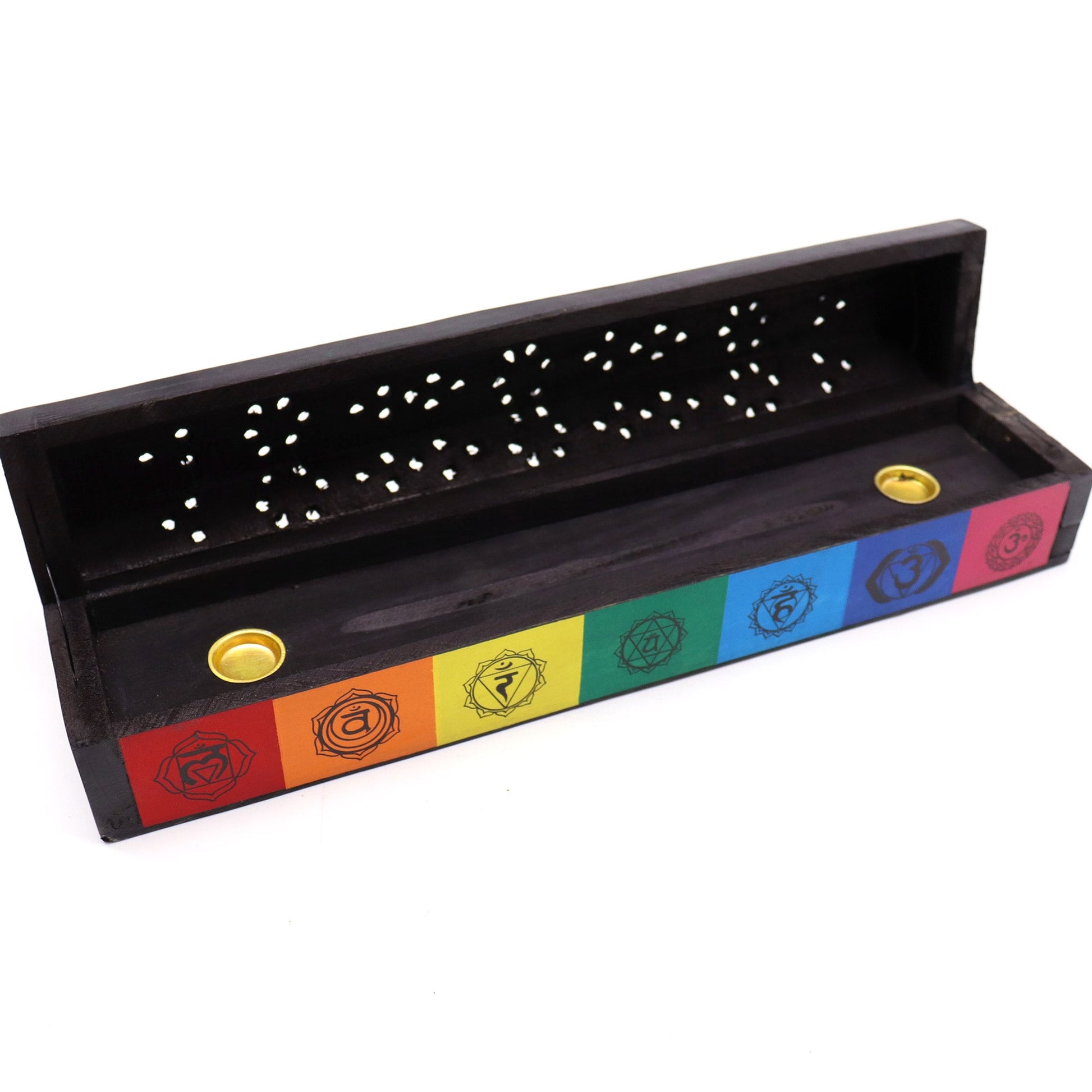 7 Chakra Mango Wood Incense Smoke Box shown open with a pierced lid and seven colourful symbol panels, by Quintessential Holistic Health Ltd