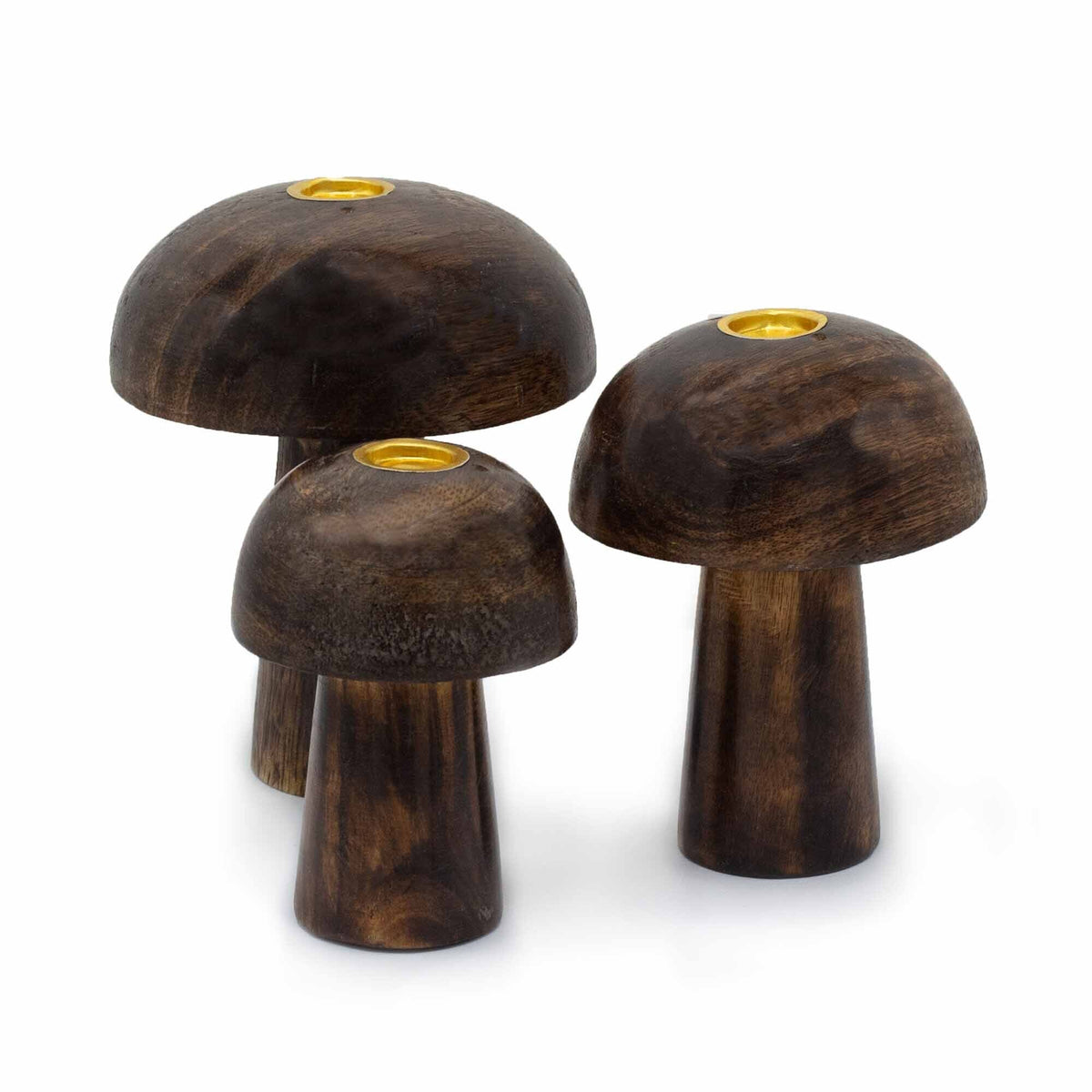 Set of 3 Mango Wood Incense Holders - Button Mushrooms, three dark brown pieces with rounded caps by Quintessential Holistic Health Ltd