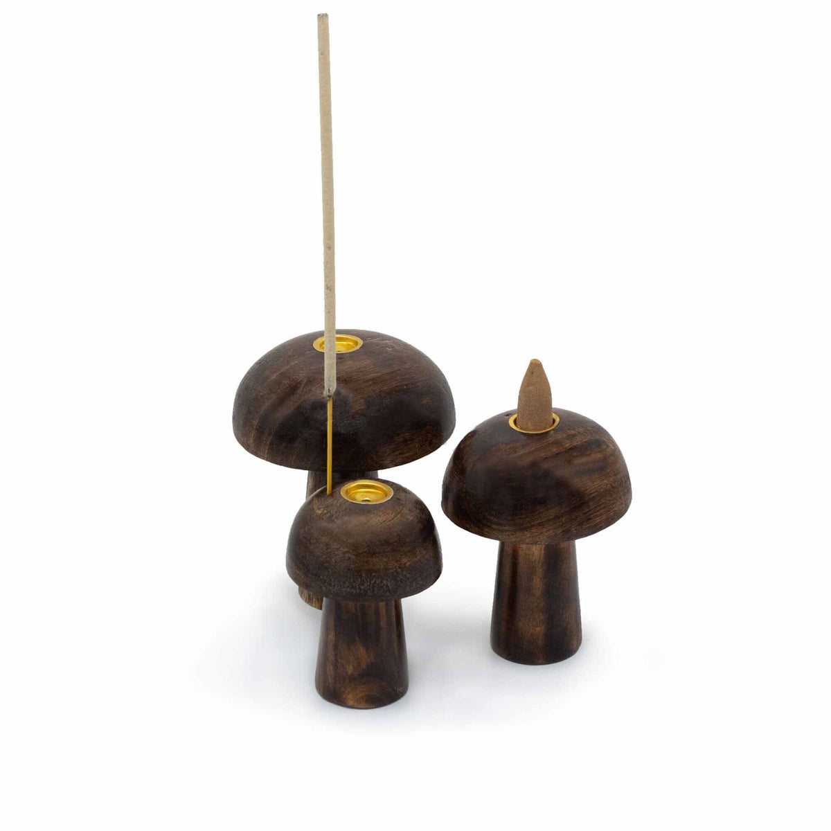Set of 3 Mango Wood Incense Holders - Button Mushrooms, three rounded pieces arranged with two upright incense sticks by Quintessential Holistic Health Ltd