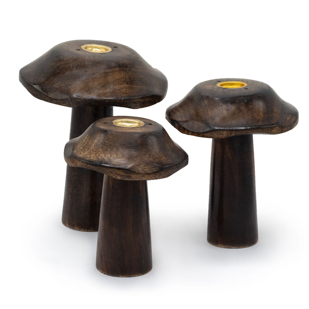 Set of 3 Mango Wood Incense Holders - Flat Mushrooms, three dark brown pieces with broad irregular caps by Quintessential Holistic Health Ltd