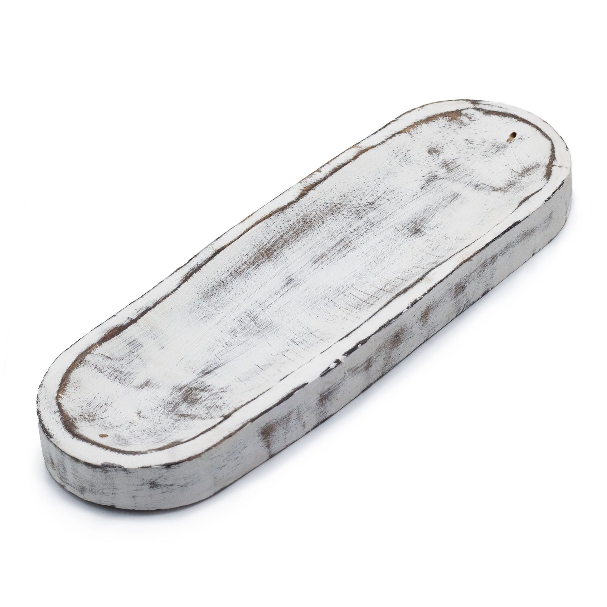 Mango Wood Dual Incense Tray - Classic Whitewash showing a long distressed white recessed surface with rounded ends by Quintessential Holistic Health Ltd