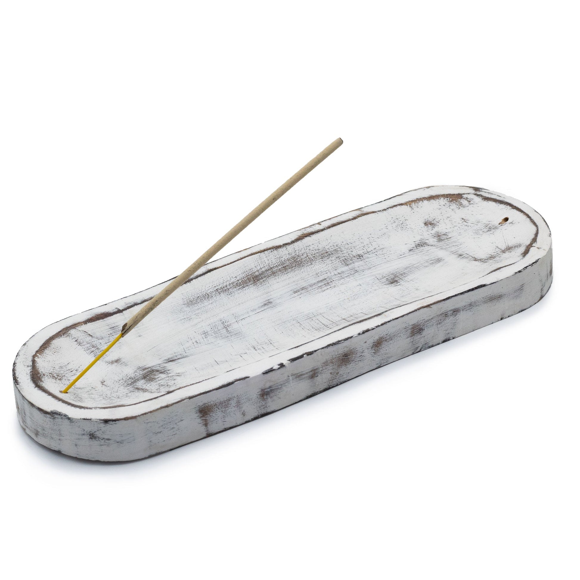 Mango Wood Dual Incense Tray - Classic Whitewash with a distressed white finish, dark edging and incense stick in one end by Quintessential Holistic Health Ltd