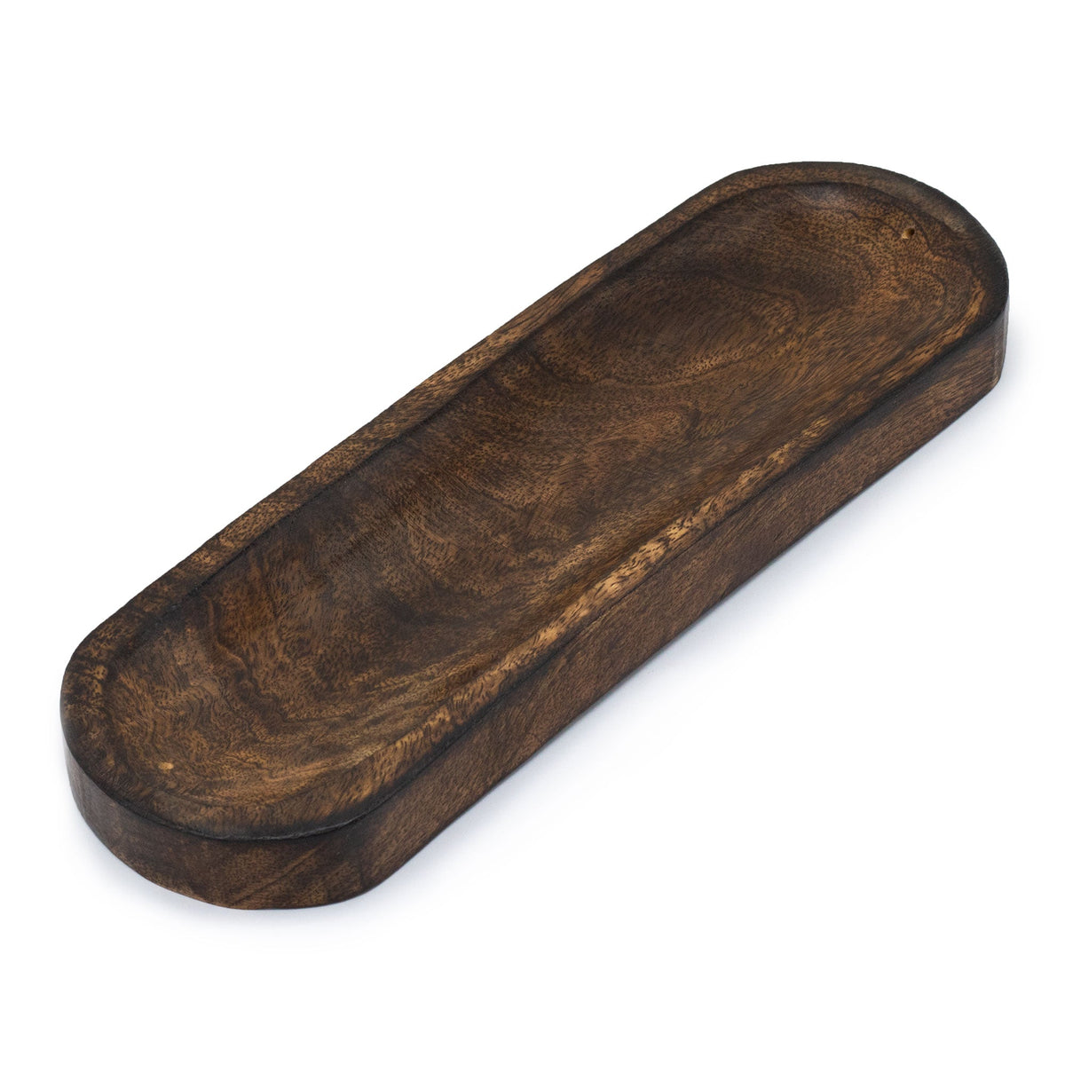 Mango Wood Dual Incense Tray - Classic Plain showing a smooth recessed centre, dark wood grain and rounded ends by Quintessential Holistic Health Ltd