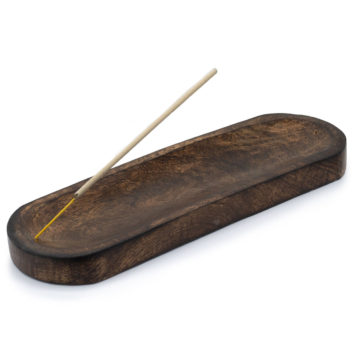Mango Wood Dual Incense Tray - Classic Plain with a dark brown finish, raised rim and incense stick in one end by Quintessential Holistic Health Ltd