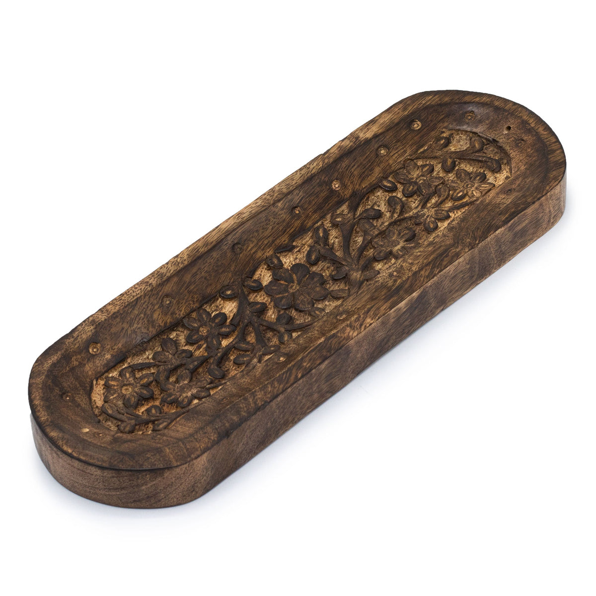 Mango Wood Dual Incense Tray - Flower Design with detailed floral carving across the dark recessed centre by Quintessential Holistic Health Ltd