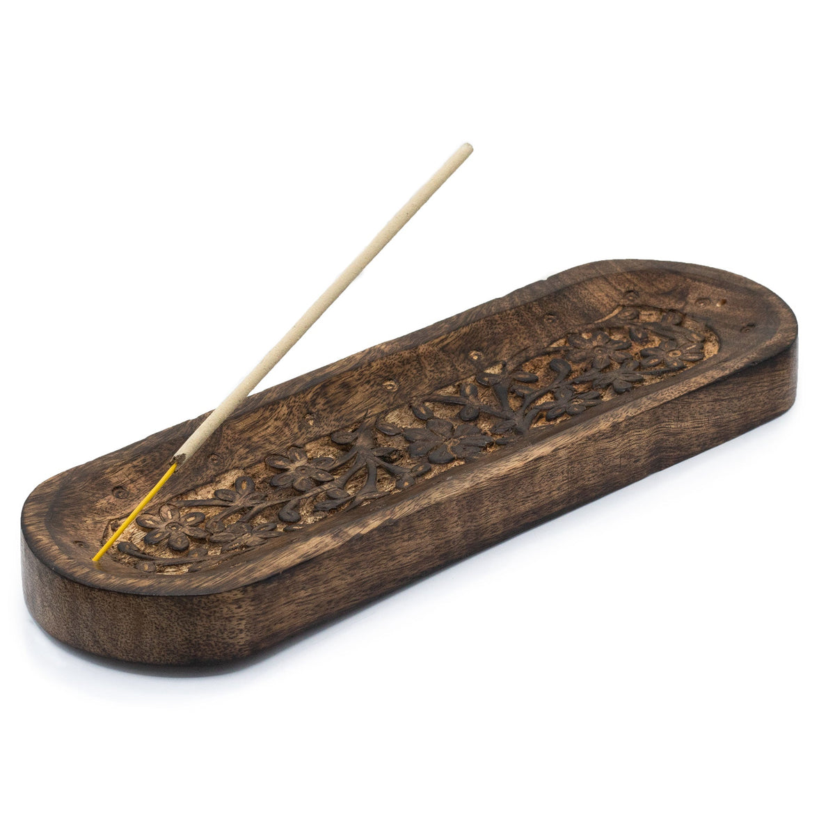 Mango Wood Dual Incense Tray - Flower Design with an ornate carved floral panel and incense stick in one end by Quintessential Holistic Health Ltd