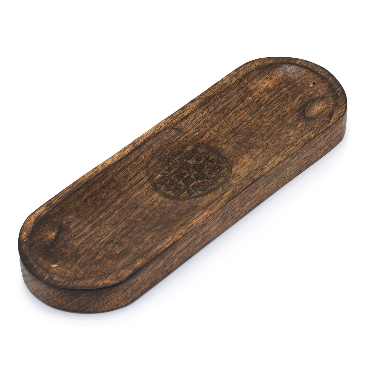 Mango Wood Dual Incense Tray - Mandala, showing a circular mandala motif within the recessed wooden surface by Quintessential Holistic Health Ltd