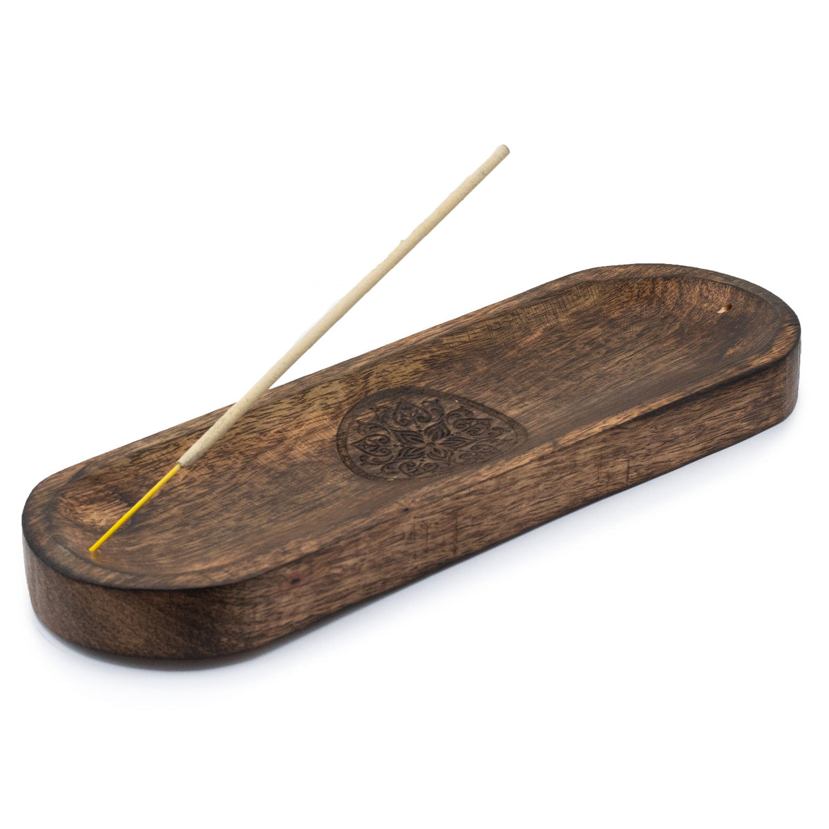 Mango Wood Dual Incense Tray - Mandala, with a dark circular mandala motif and incense stick by Quintessential Holistic Health Ltd