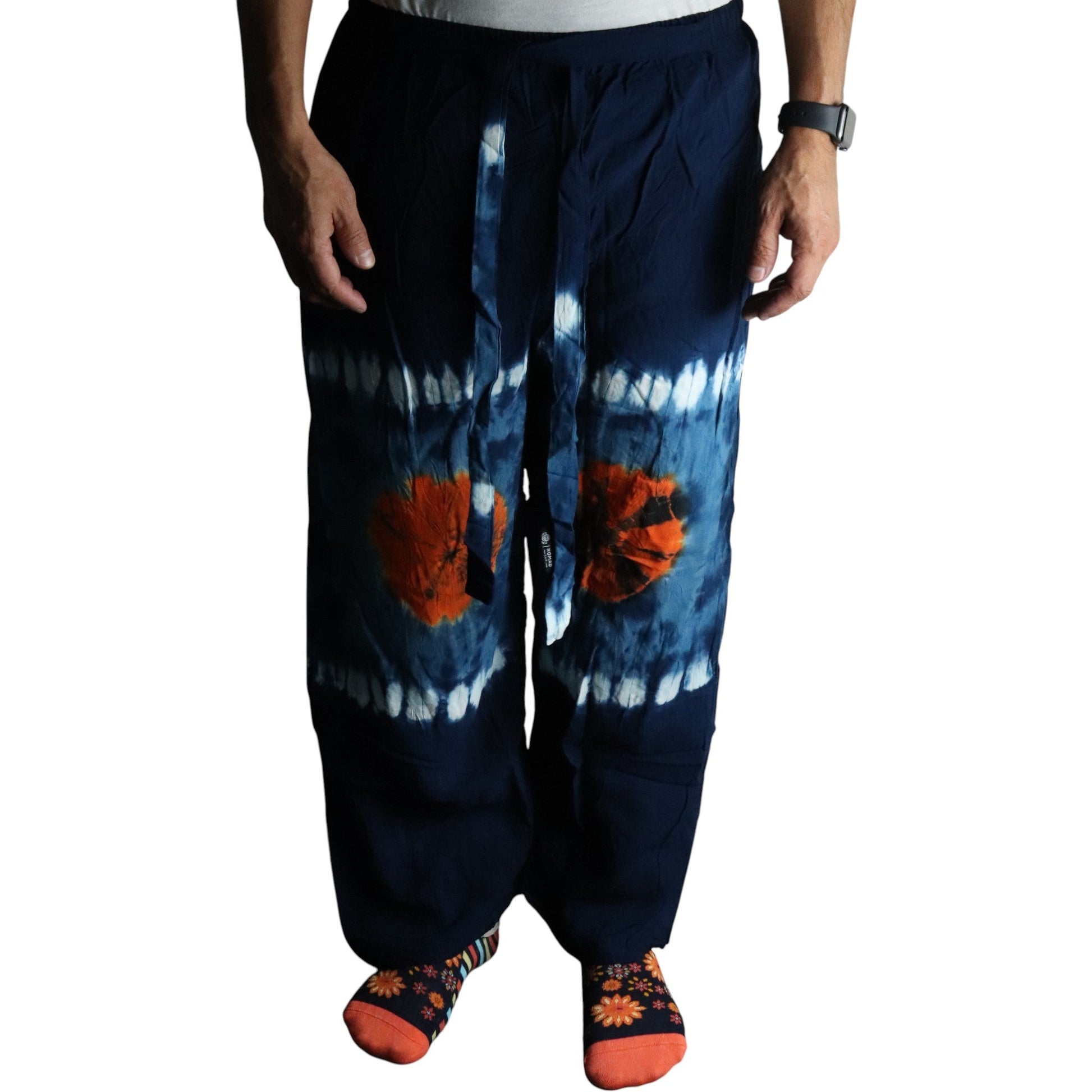 Japanese Style Unisex Tie Dyed Lounge Pants - Medium / Teal and Orange product packaging on clean background from Quintessential Holistic Health Ltd