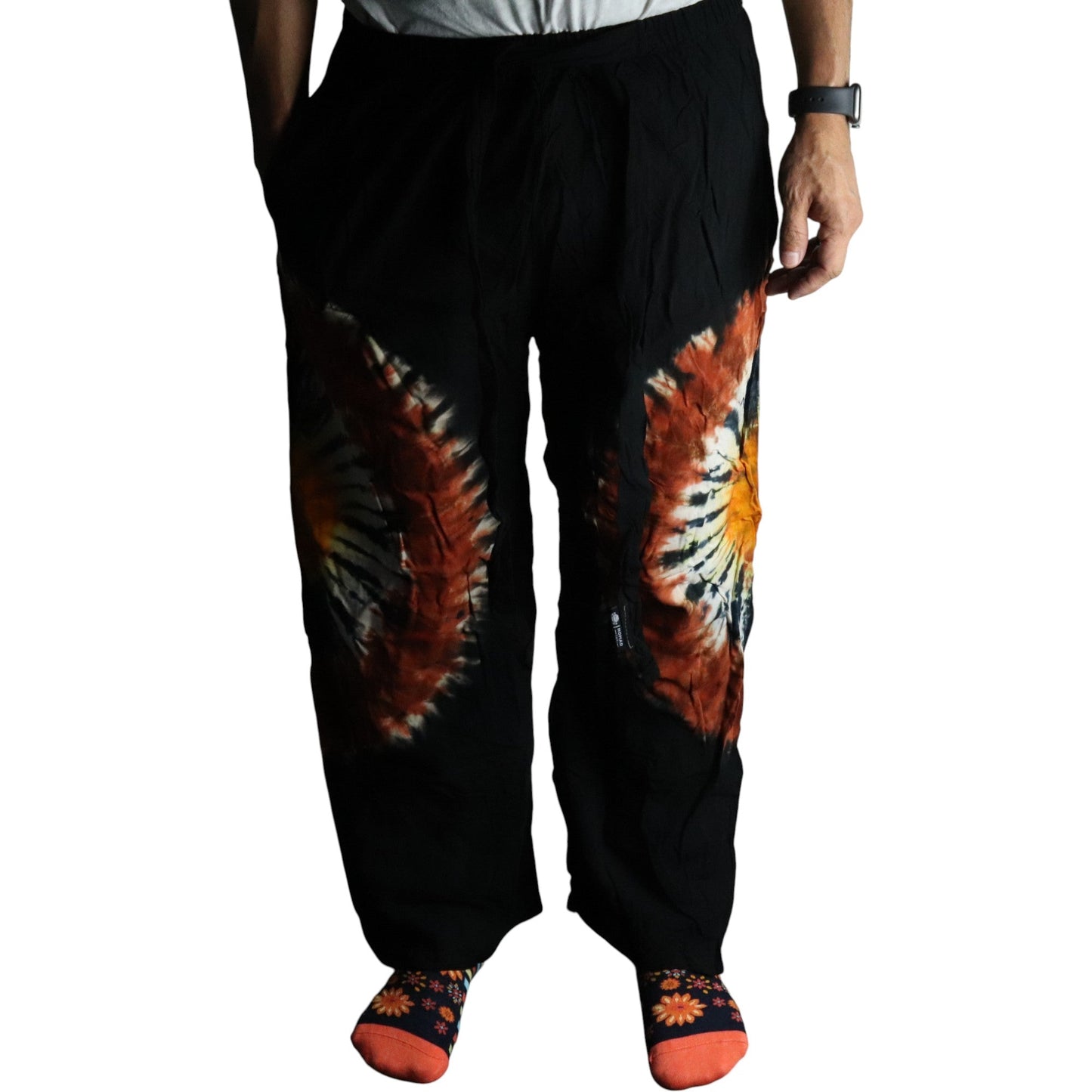 Japanese Style Unisex Tie Dyed Lounge Pants - Medium / Black, Chocolate and Orange product packaging on clean background from Quintessential Holistic Health Ltd