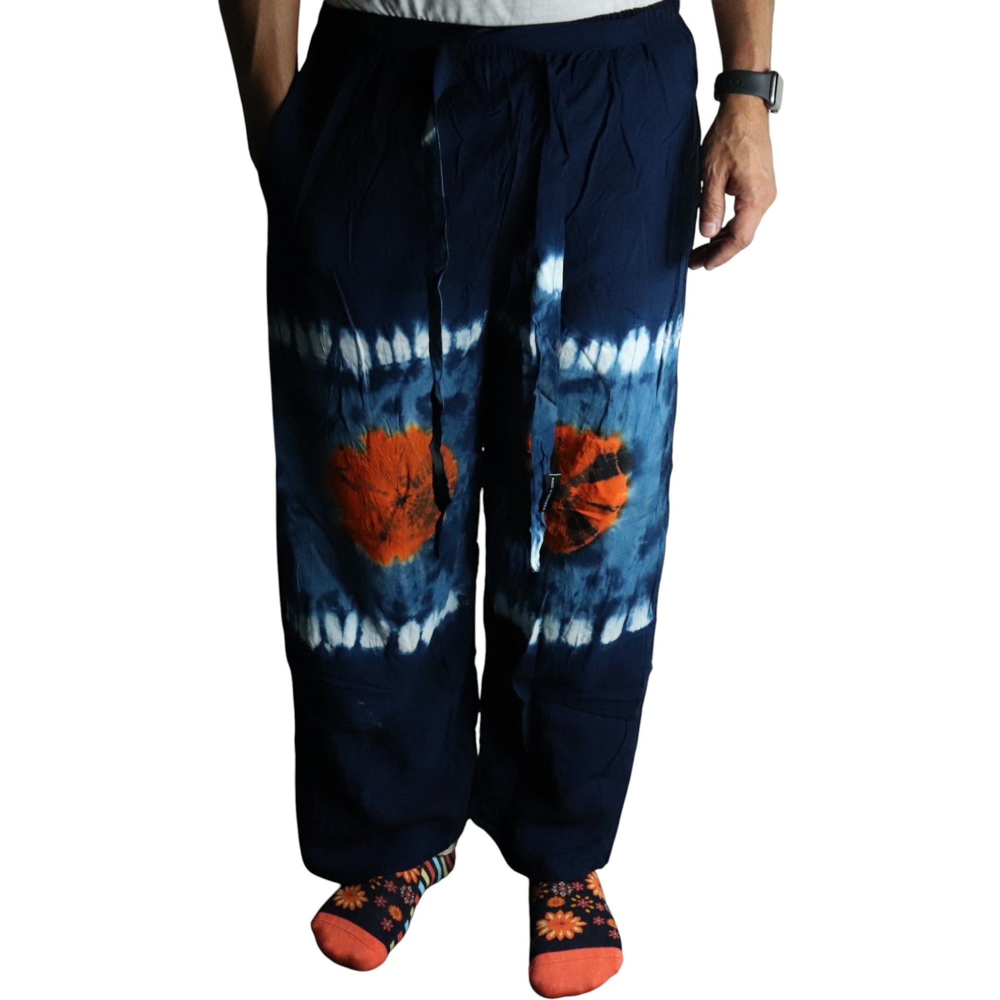 Japanese Style Unisex Tie Dyed Lounge Pants - Large / Teal and Orange product packaging on clean background from Quintessential Holistic Health Ltd