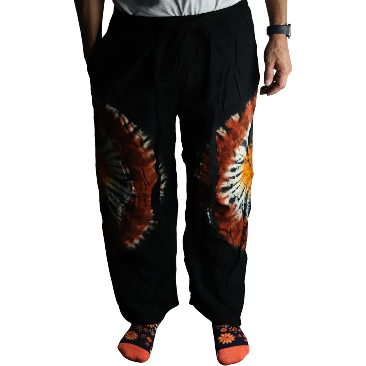 Japanese Style Unisex Tie Dyed Lounge Pants - Large / Black, Chocolate and Orange product packaging on clean background from Quintessential Holistic Health Ltd