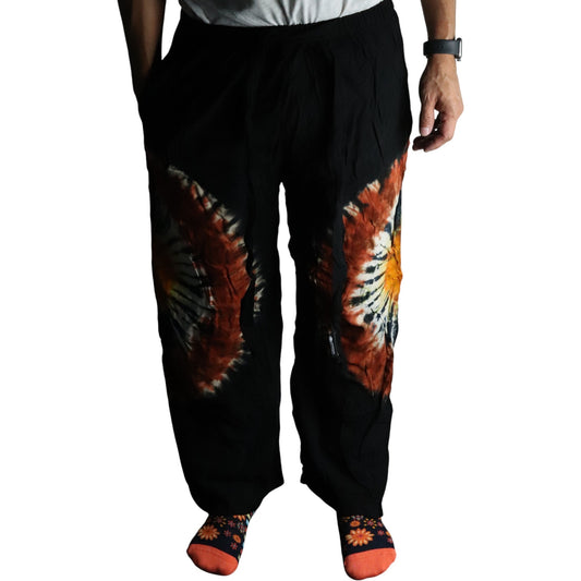 Japanese Style Unisex Tie Dyed Lounge Pants - Large / Black, Chocolate and Orange product packaging on clean background from Quintessential Holistic Health Ltd