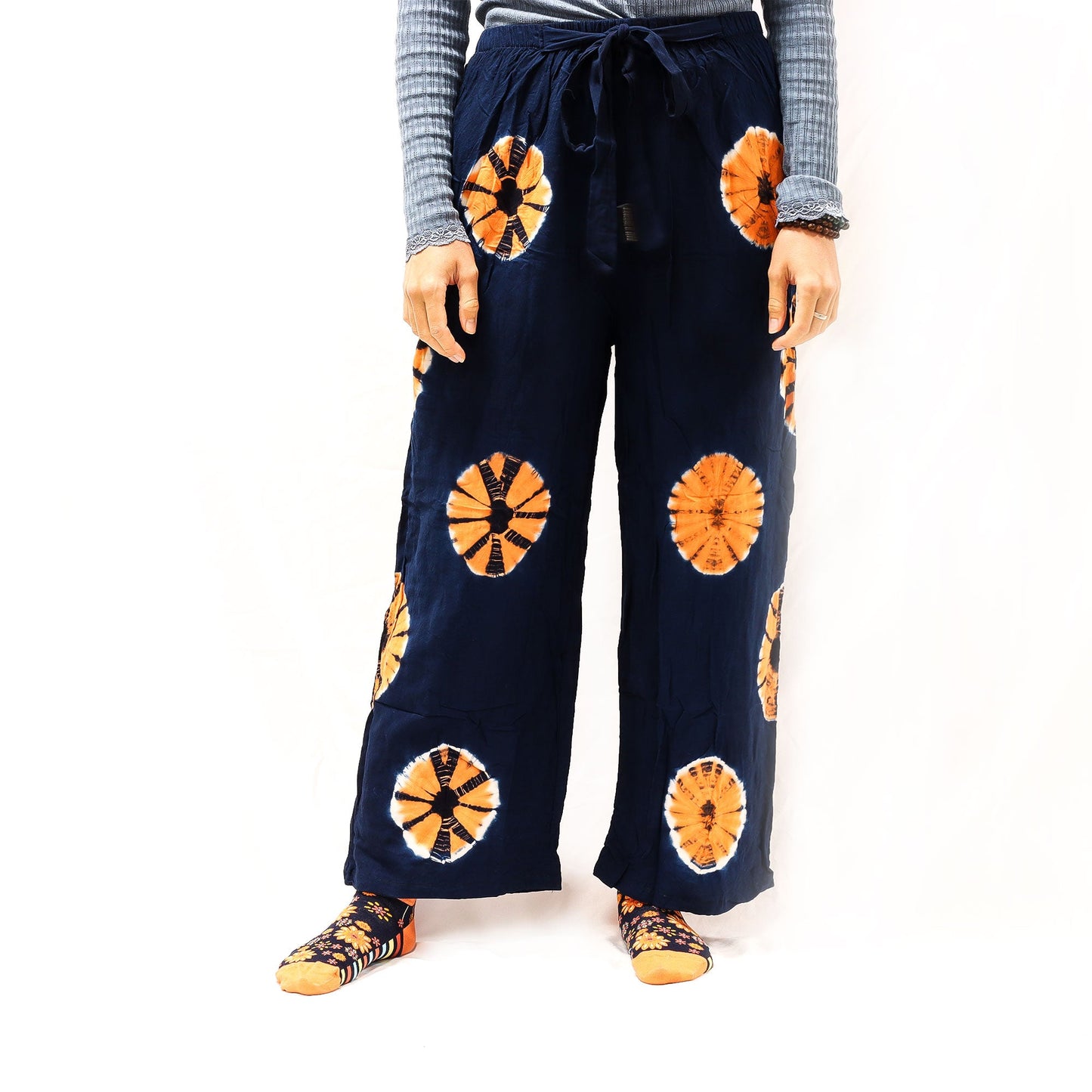 Japanese Style Unisex Tie Dyed Lounge Pants - Medium / Blue and Orange product packaging on clean background from Quintessential Holistic Health Ltd