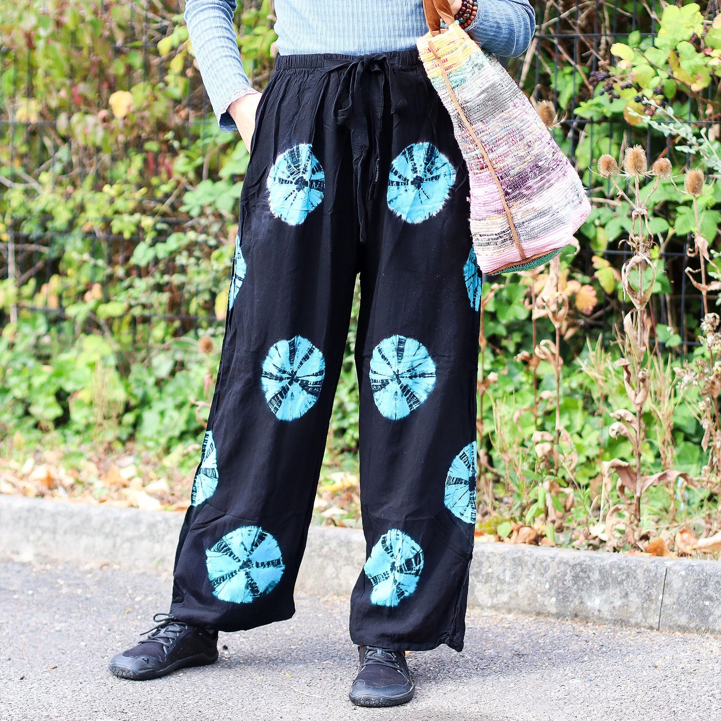 Japanese Style Unisex Tie Dyed Lounge Pants - Medium / Black and Blue product packaging on clean background from Quintessential Holistic Health Ltd
