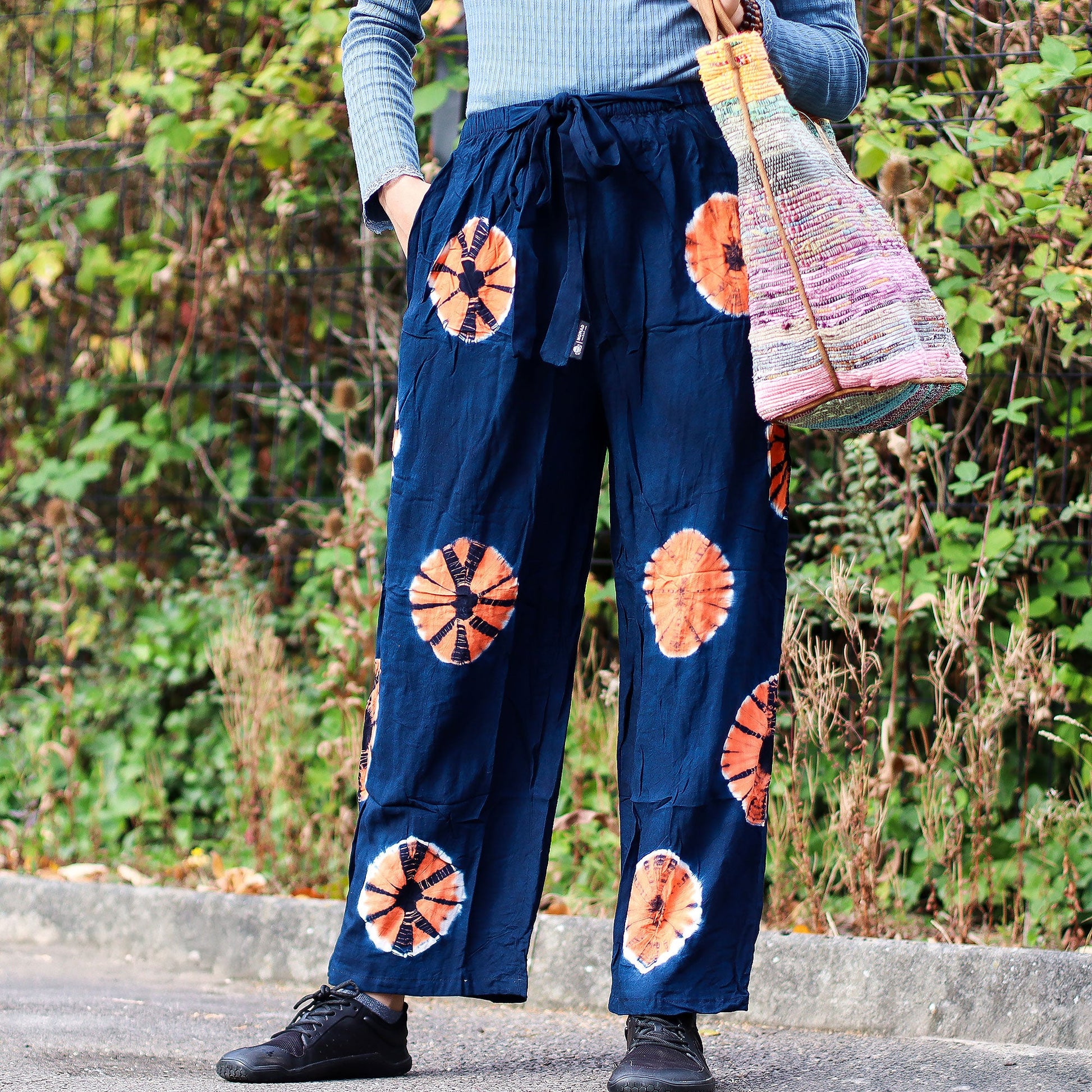 Japanese Style Unisex Tie Dyed Lounge Pants - Large / Blue and Orange product packaging on clean background from Quintessential Holistic Health Ltd