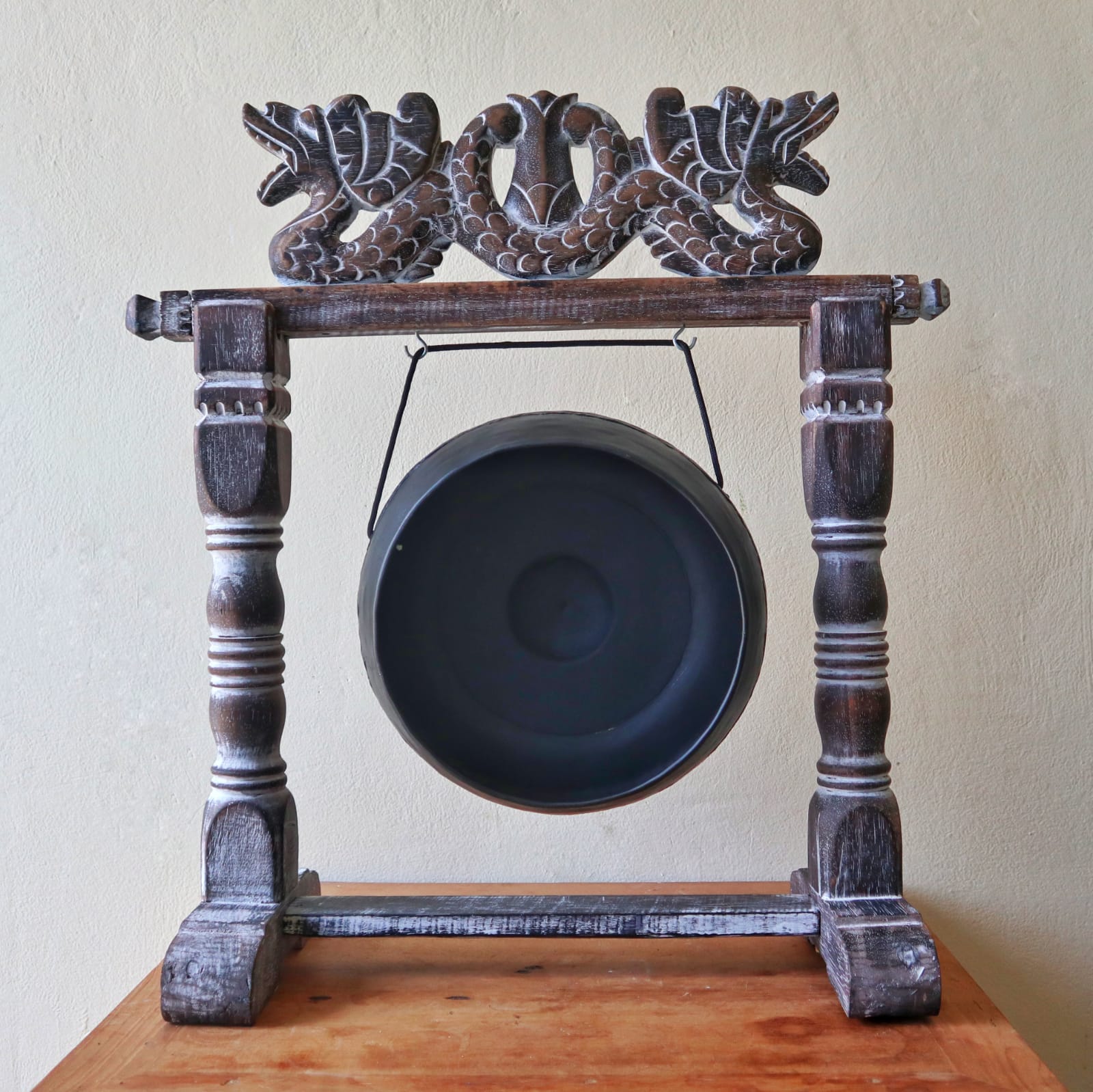 Handmade Albasia Wooden and Metal Healing Gong - Small 25cm - Black product packaging on clean background from Quintessential Holistic Health Ltd
