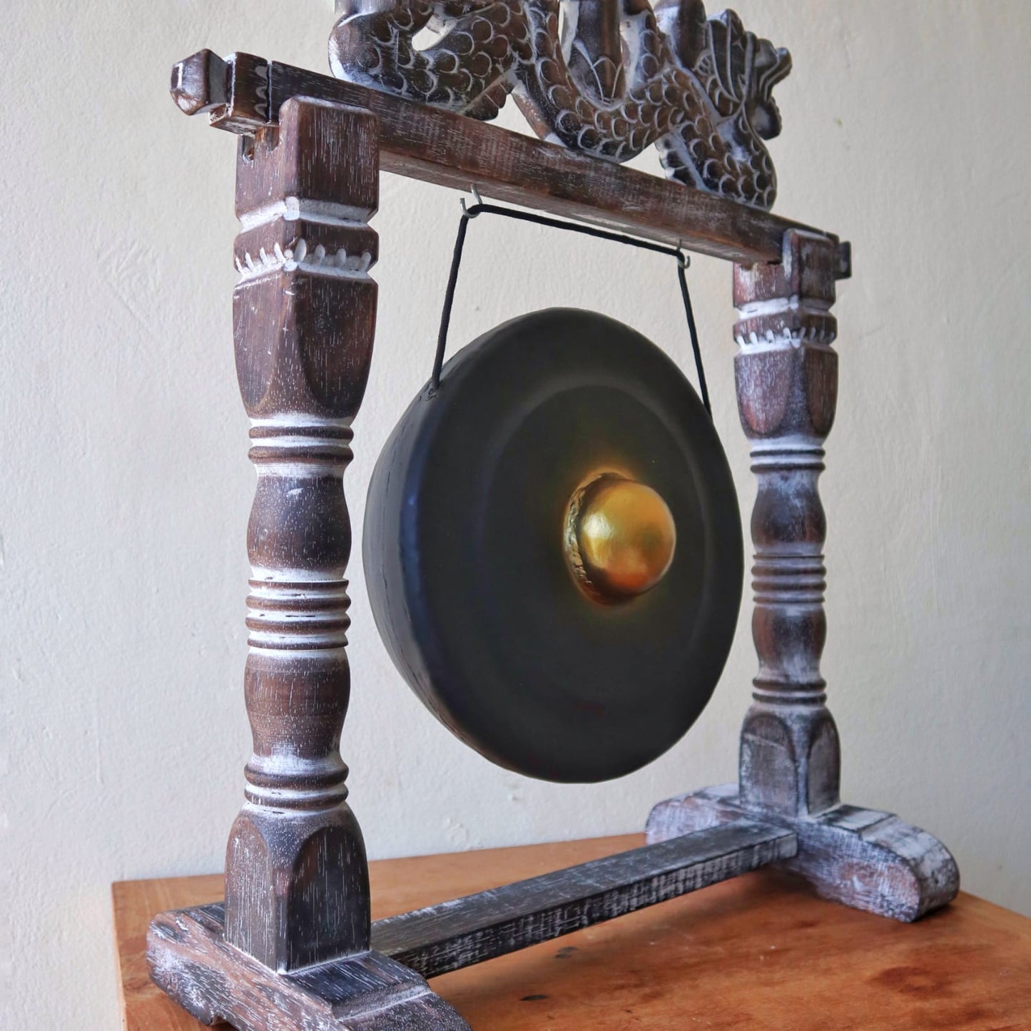 Handmade Albasia Wooden and Metal Healing Gong - Small 25cm - Black product packaging on clean background from Quintessential Holistic Health Ltd