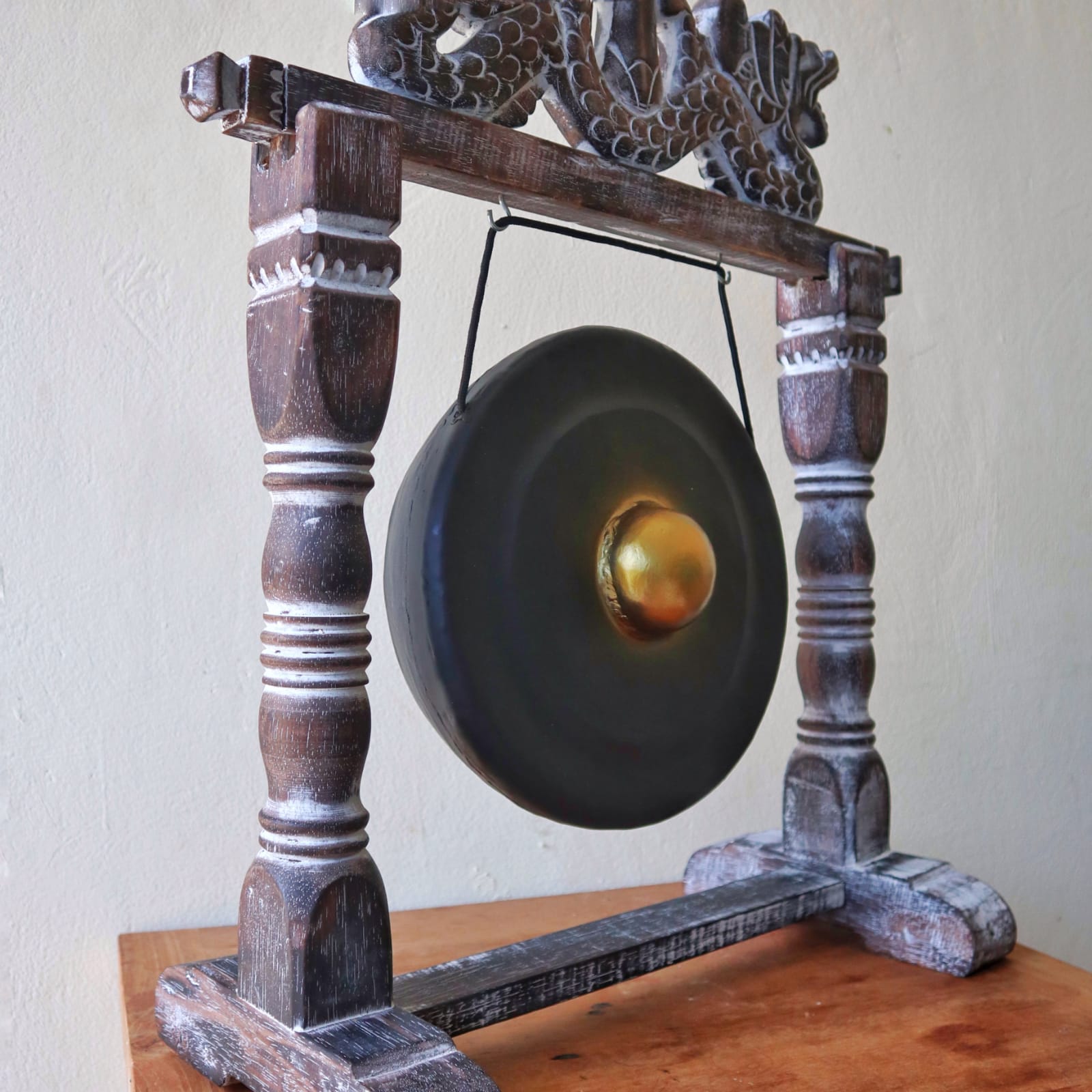 Handmade Albasia Wooden and Metal Healing Gong - Small 25cm - Black product packaging on clean background from Quintessential Holistic Health Ltd