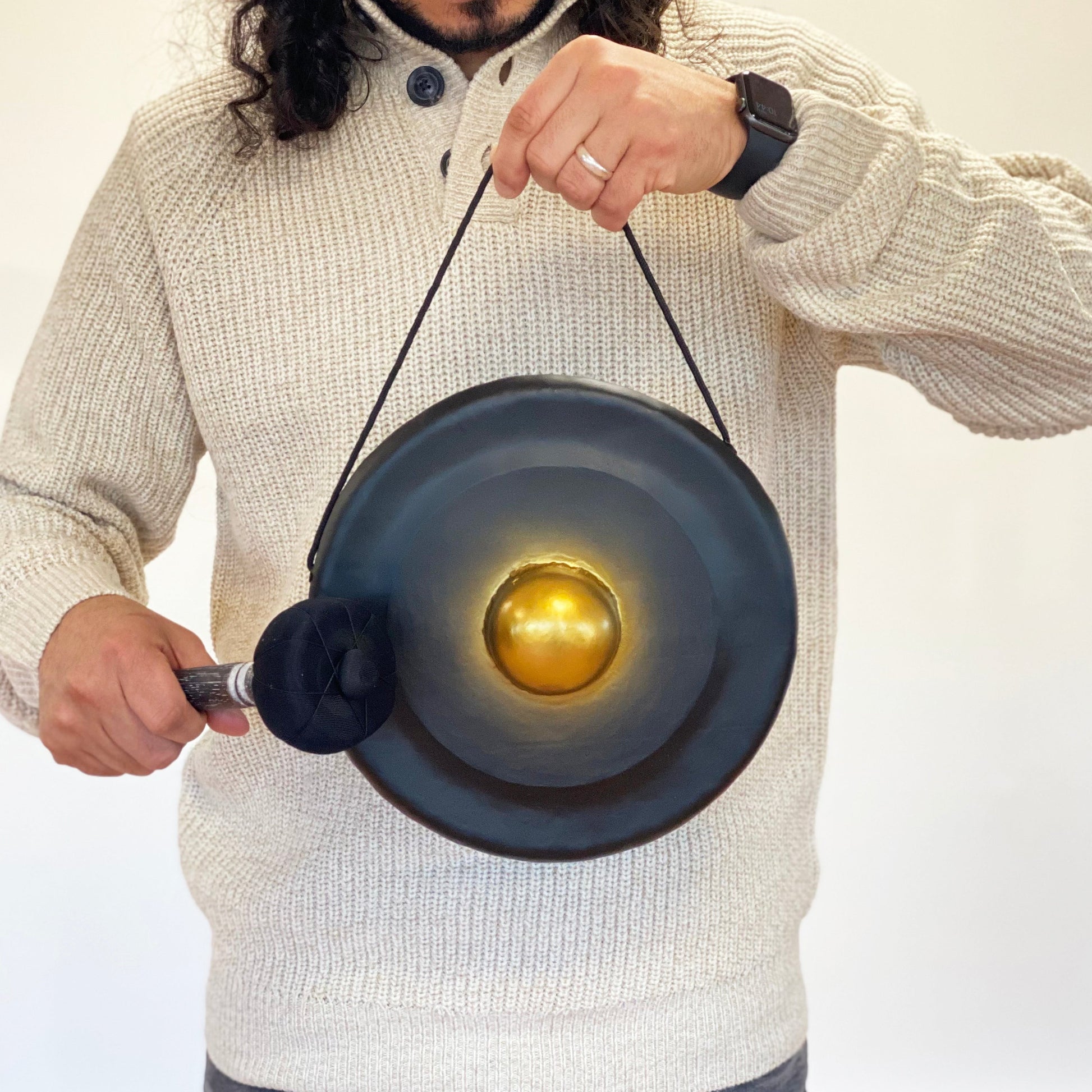 Handmade Albasia Wooden and Metal Healing Gong - Small 25cm - Black product packaging on clean background from Quintessential Holistic Health Ltd