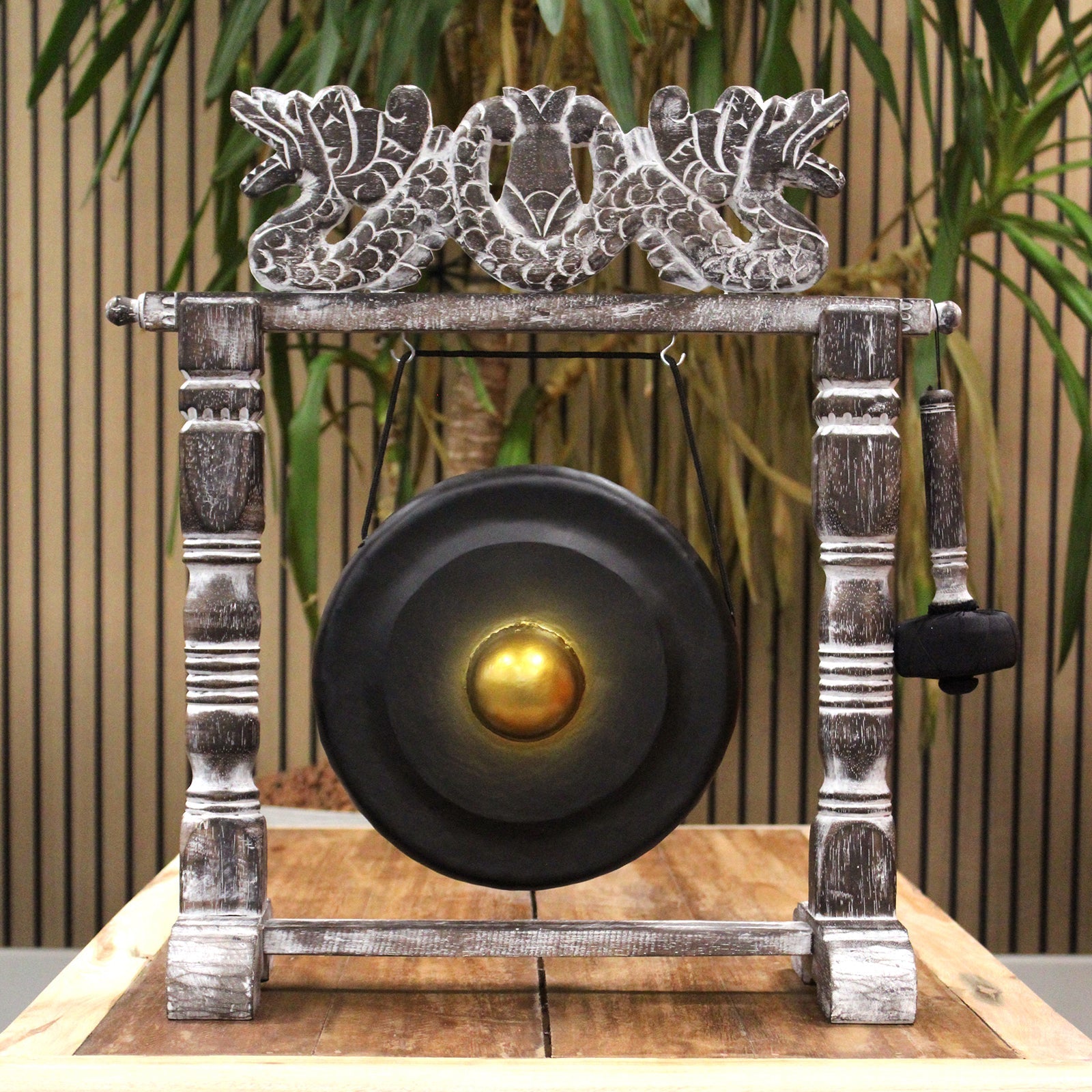 Handmade Albasia Wooden and Metal Healing Gong - Small 25cm - Black product packaging on clean background from Quintessential Holistic Health Ltd