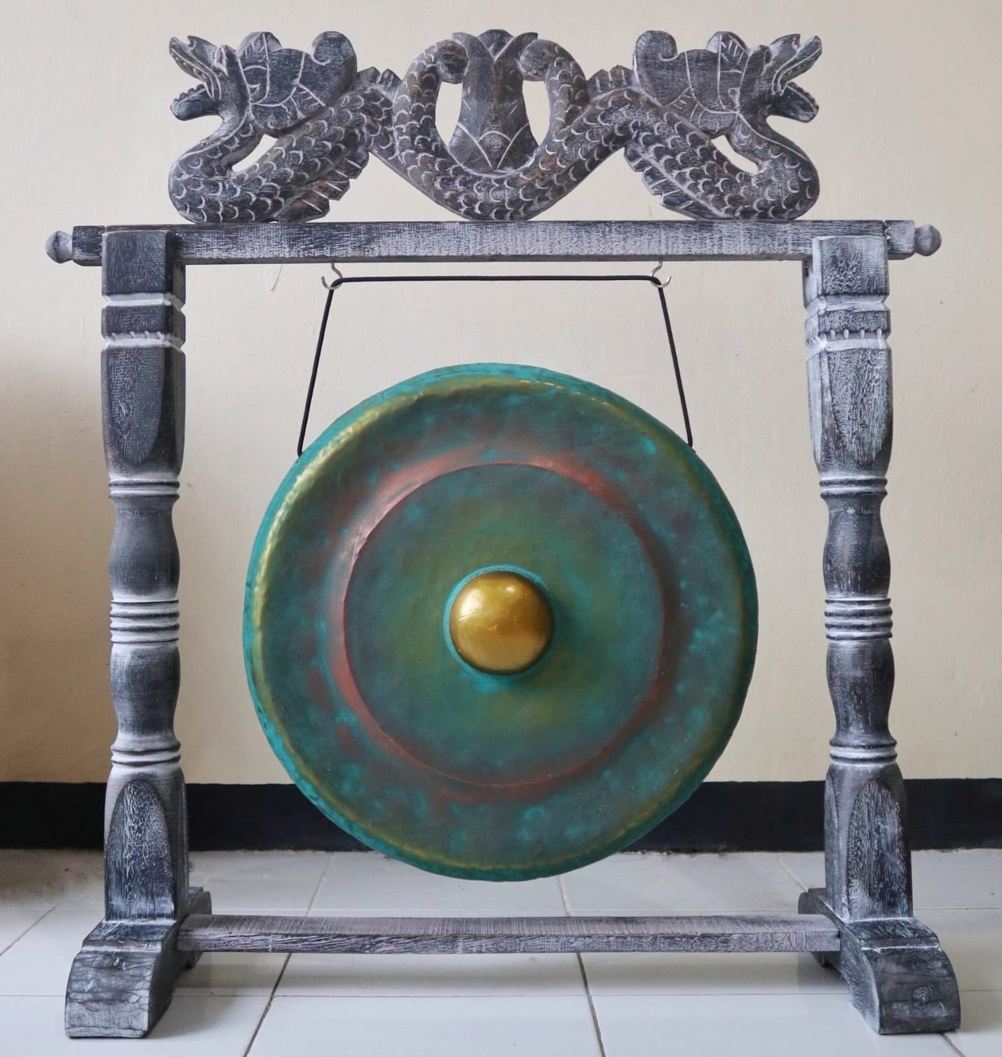 Handmade Albasia Wooden and Metal Healing Gong - Medium 35cm / Greenwash product packaging on clean background from Quintessential Holistic Health Ltd