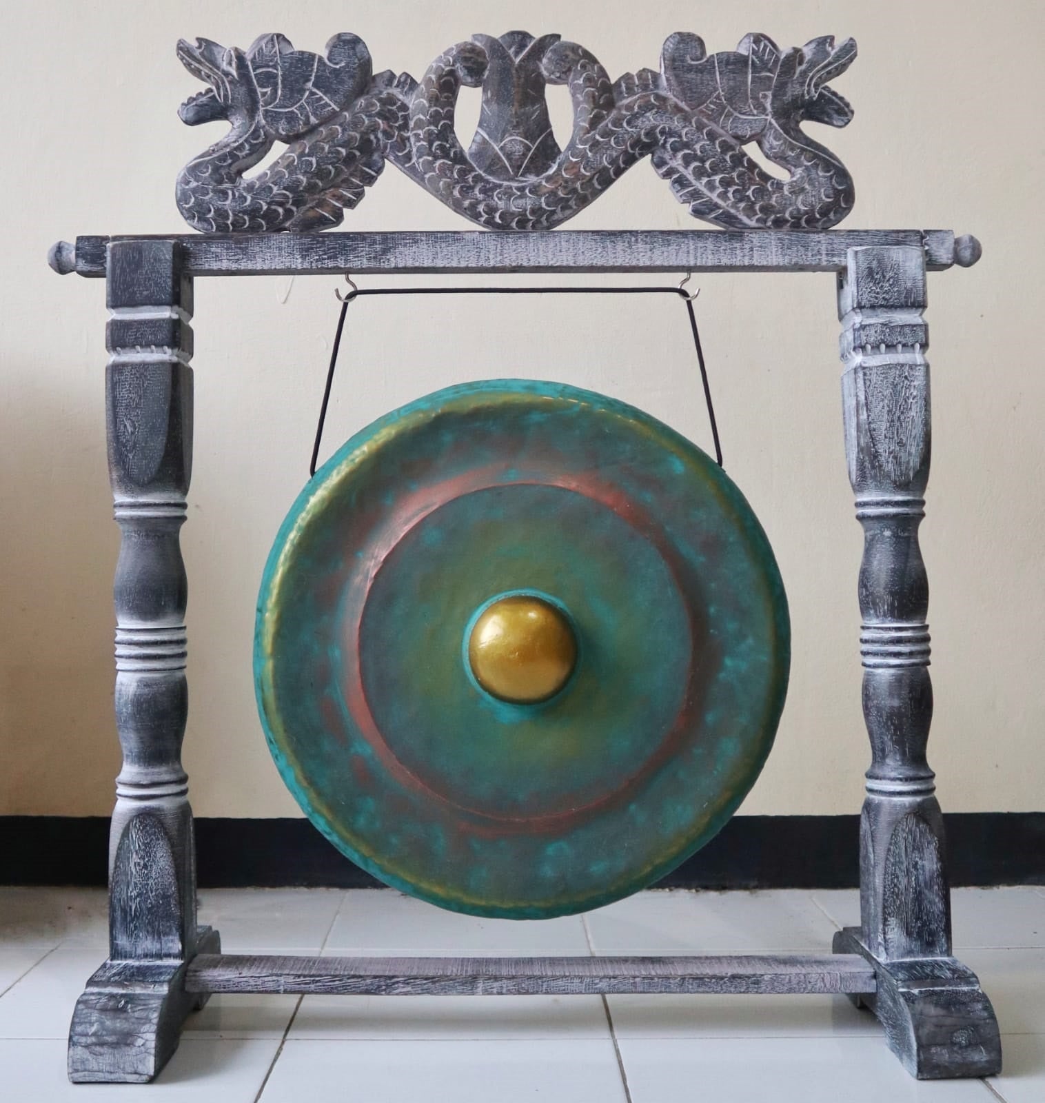 Handmade Albasia Wooden and Metal Healing Gong - Medium 35cm / Greenwash product packaging on clean background from Quintessential Holistic Health Ltd