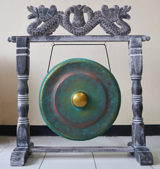 Handmade Albasia Wooden and Metal Healing Gong - Medium 35cm / Greenwash product packaging on clean background from Quintessential Holistic Health Ltd