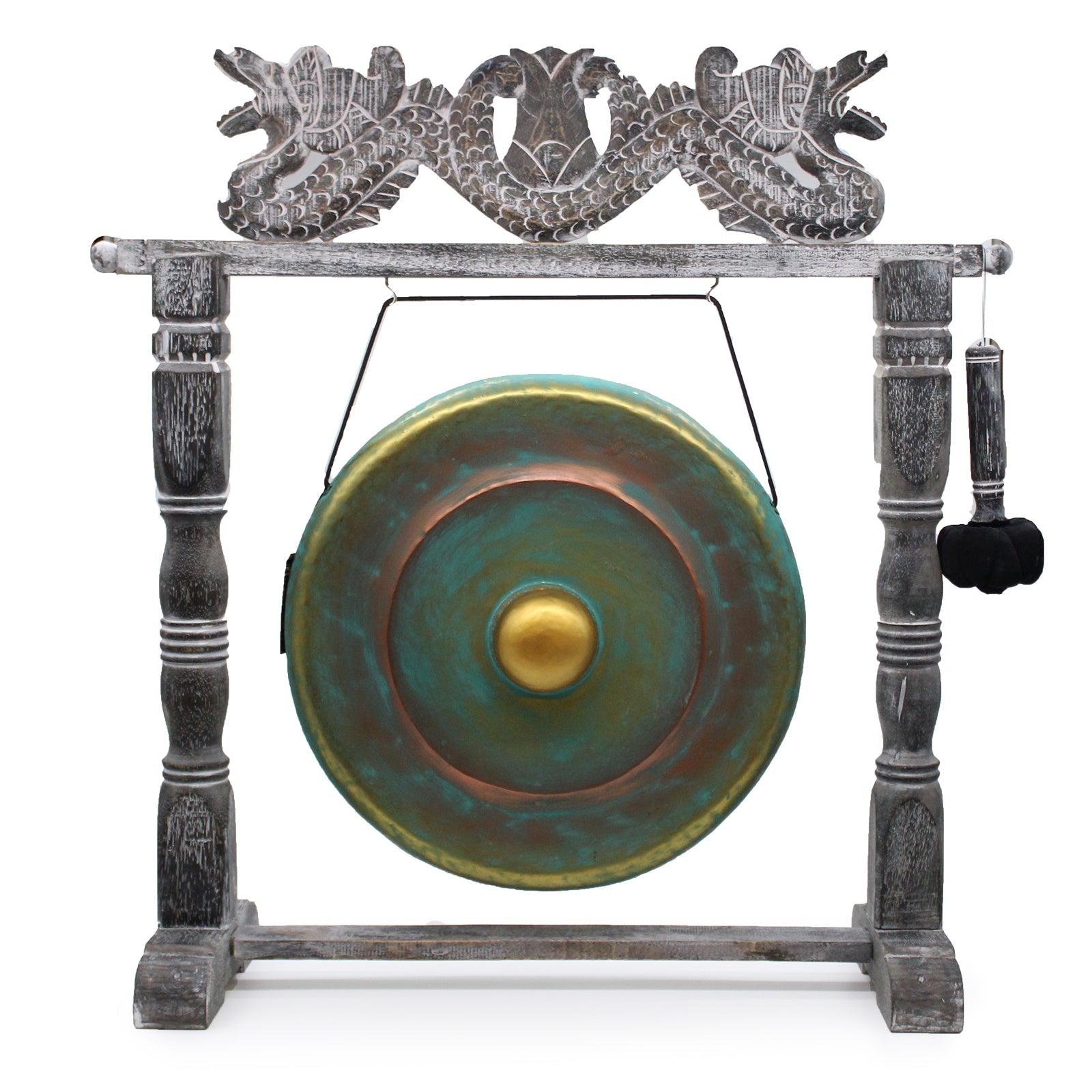 Handmade Albasia Wooden and Metal Healing Gong - Large 50cm / Greenwash product packaging on clean background from Quintessential Holistic Health Ltd