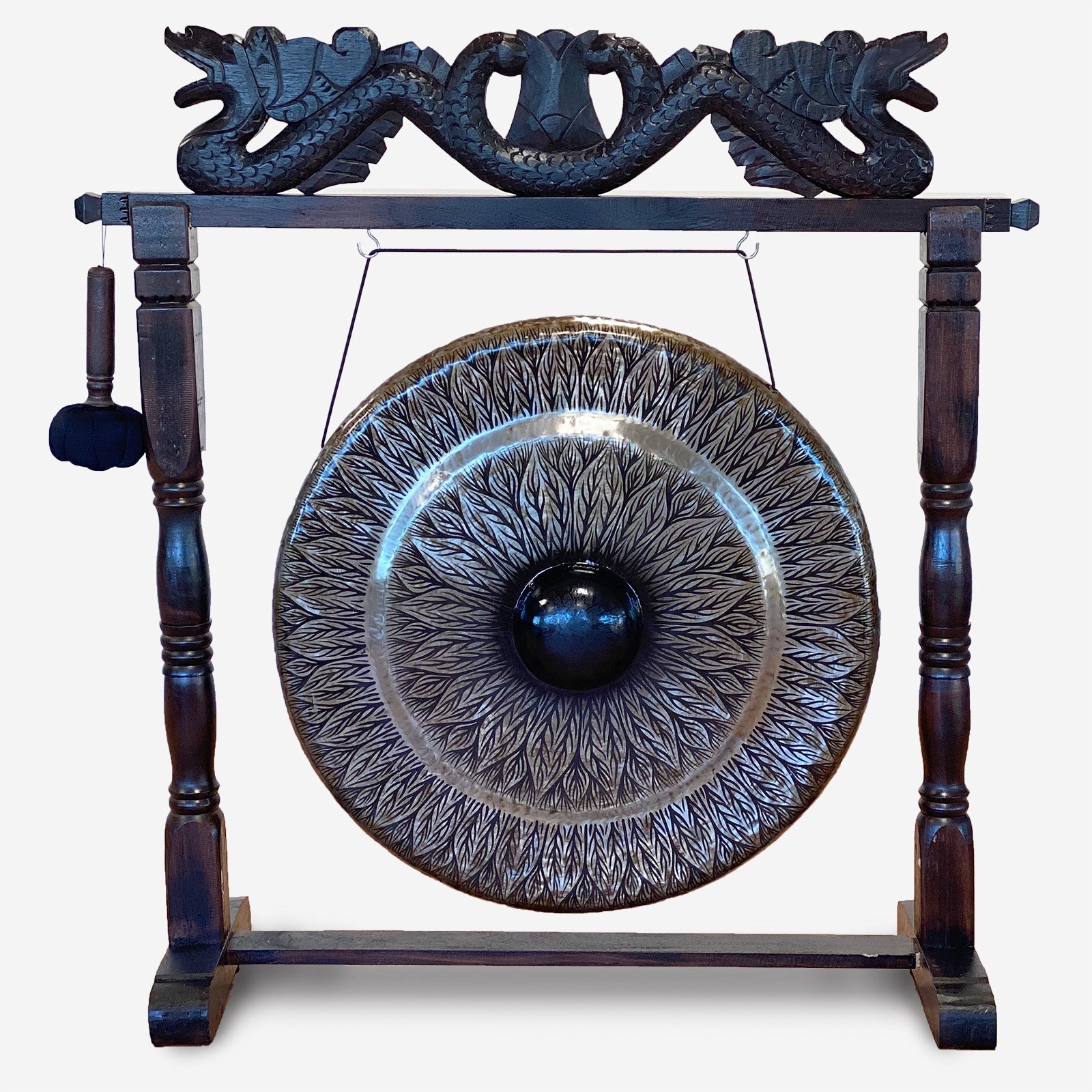 Handmade Albasia Wooden and Metal Healing Gong Extra Large 80cm / Black Patterned / Antique Brown Stand product packaging on clean background from Quintessential Holistic Health Ltd