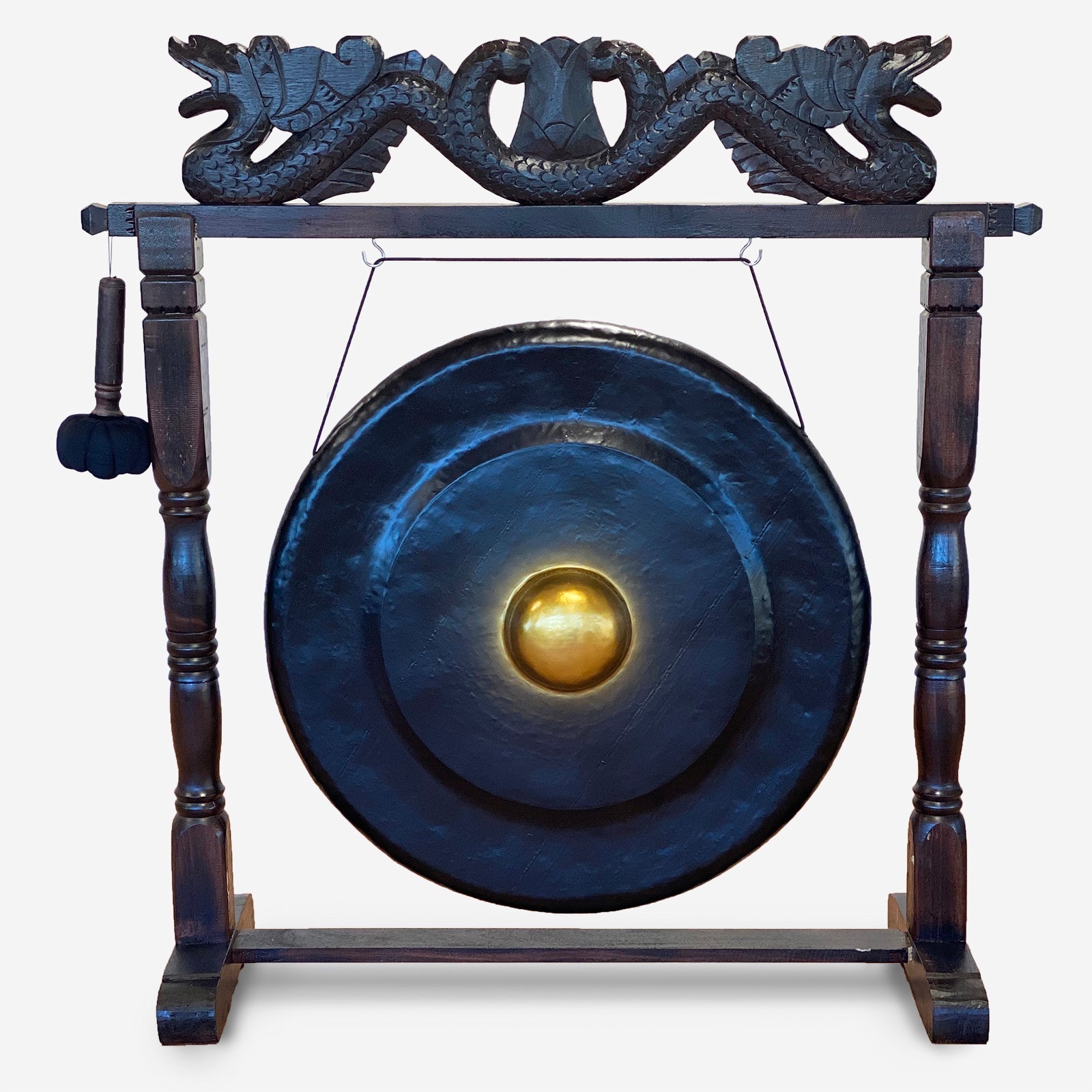 Handmade Albasia Wooden and Metal Healing Gong - Extra Large 80cm / Black / Antique Brown Stand product packaging on clean background from Quintessential Holistic Health Ltd