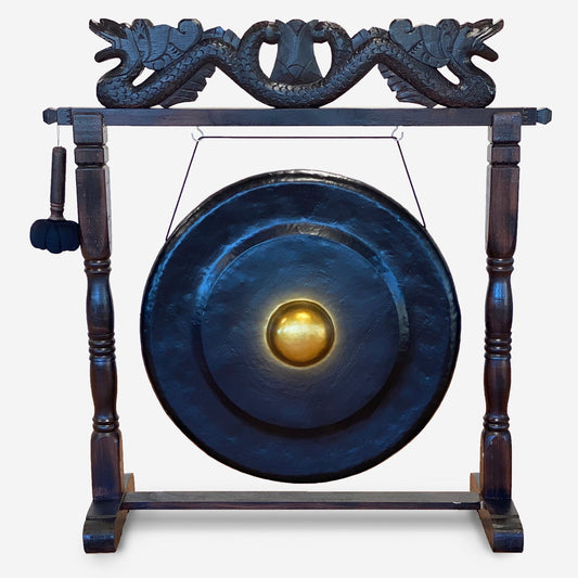 Handmade Albasia Wooden and Metal Healing Gong - Extra Large 80cm / Black / Antique Brown Stand product packaging on clean background from Quintessential Holistic Health Ltd
