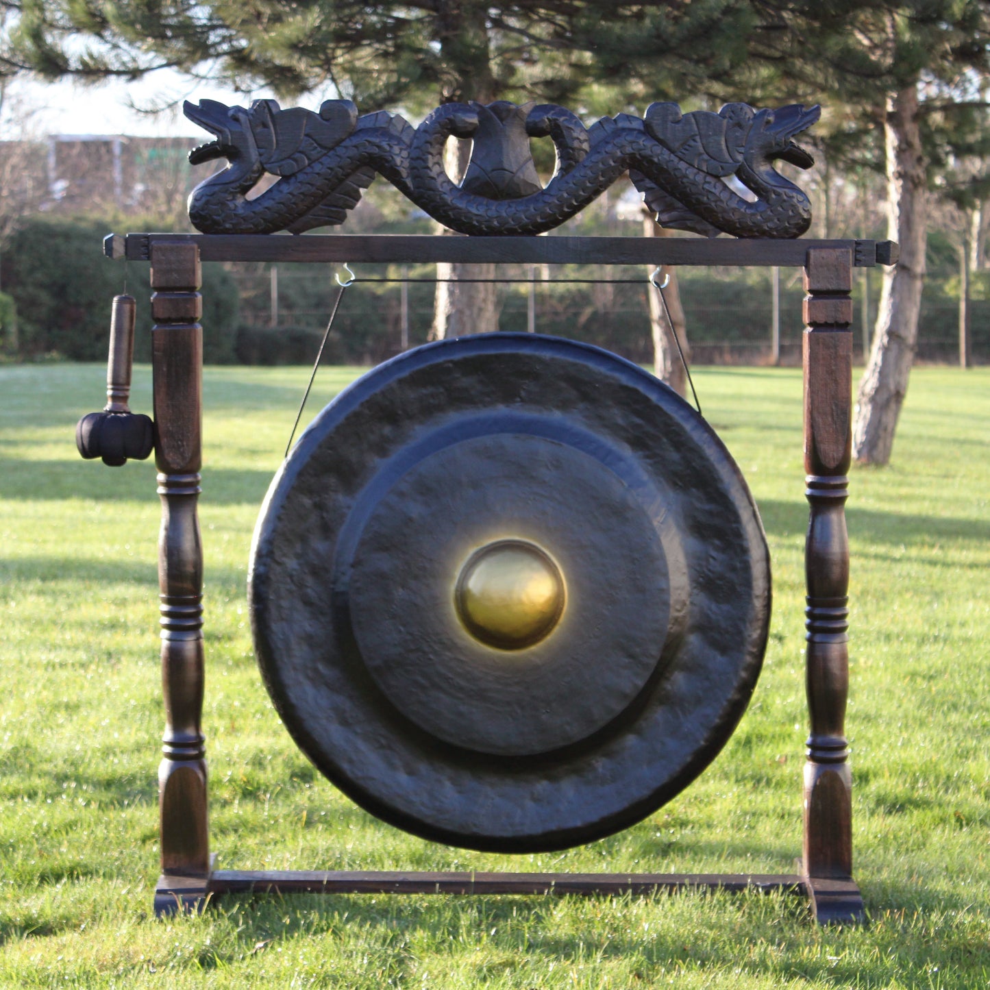 Handmade Albasia Wooden and Metal Healing Gong - Extra Large 80cm / Black / Antique Brown Stand product packaging on clean background from Quintessential Holistic Health Ltd