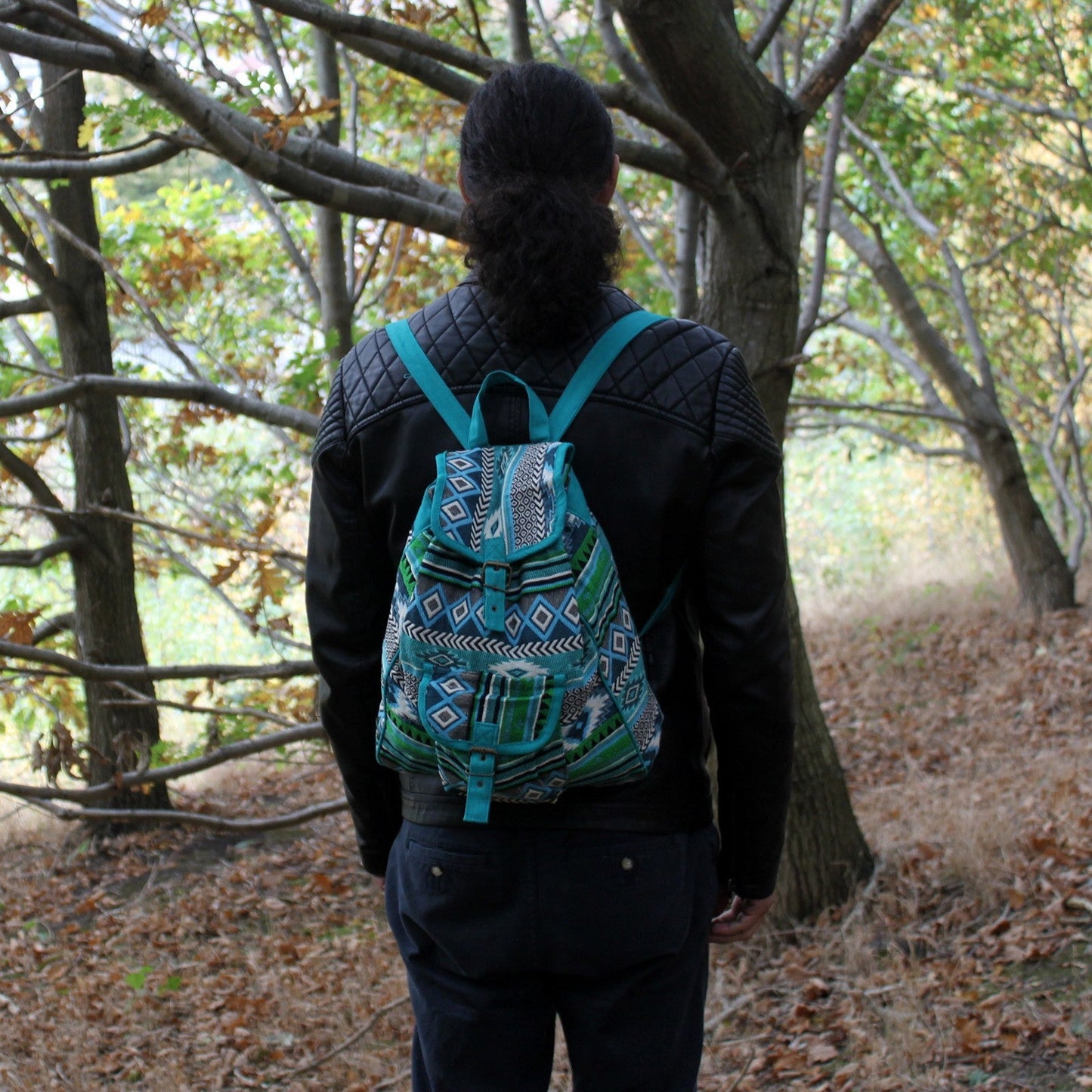 Handmade Jacquard Backpack - Teal product packaging on clean background from Quintessential Holistic Health Ltd