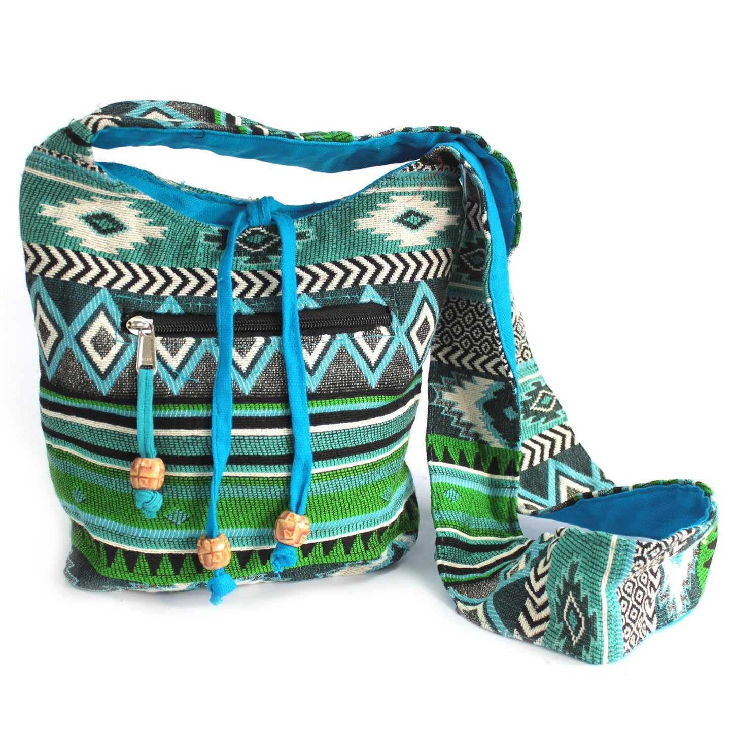 Handmade Jacquard Sling Bag - Teal product packaging on clean background from Quintessential Holistic Health Ltd