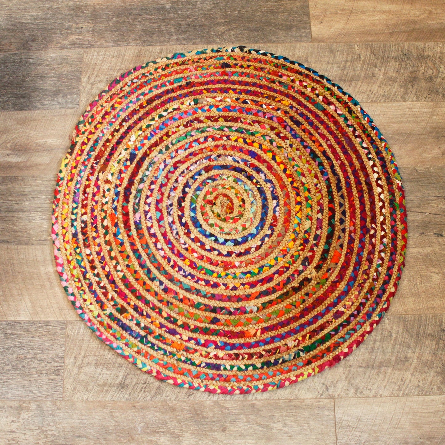 Handmade Round Jute and Recycled Cotton Rug - 90cm product packaging on clean background from Quintessential Holistic Health Ltd