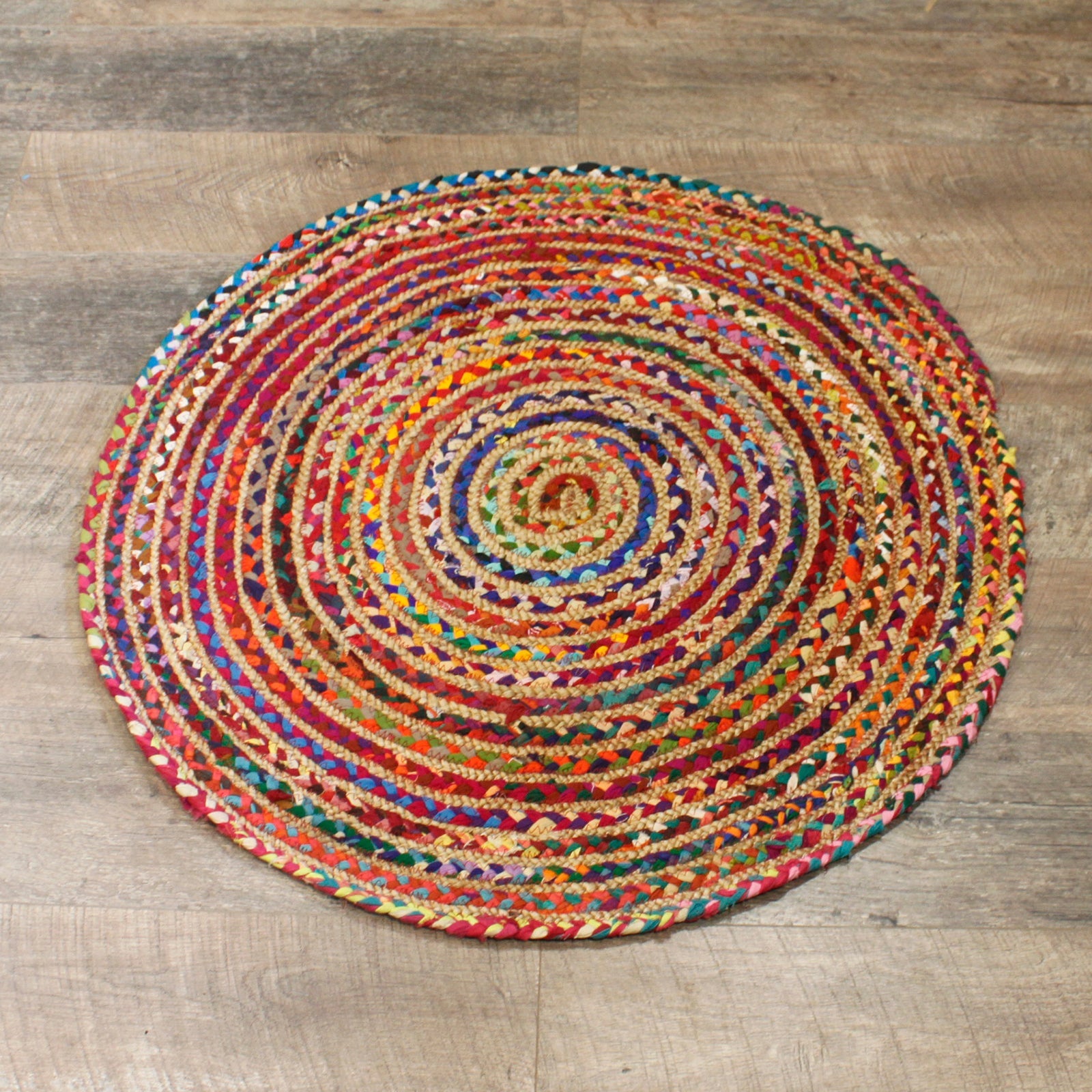 Handmade Round Jute and Recycled Cotton Rug - 90cm product packaging on clean background from Quintessential Holistic Health Ltd