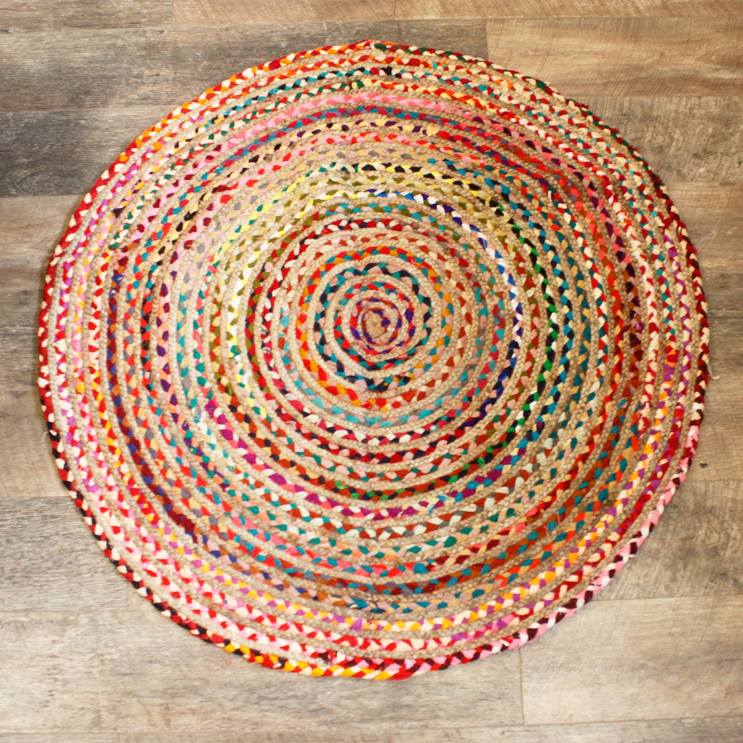 Handmade Round Jute and Recycled Cotton Rug - 120cm product packaging on clean background from Quintessential Holistic Health Ltd