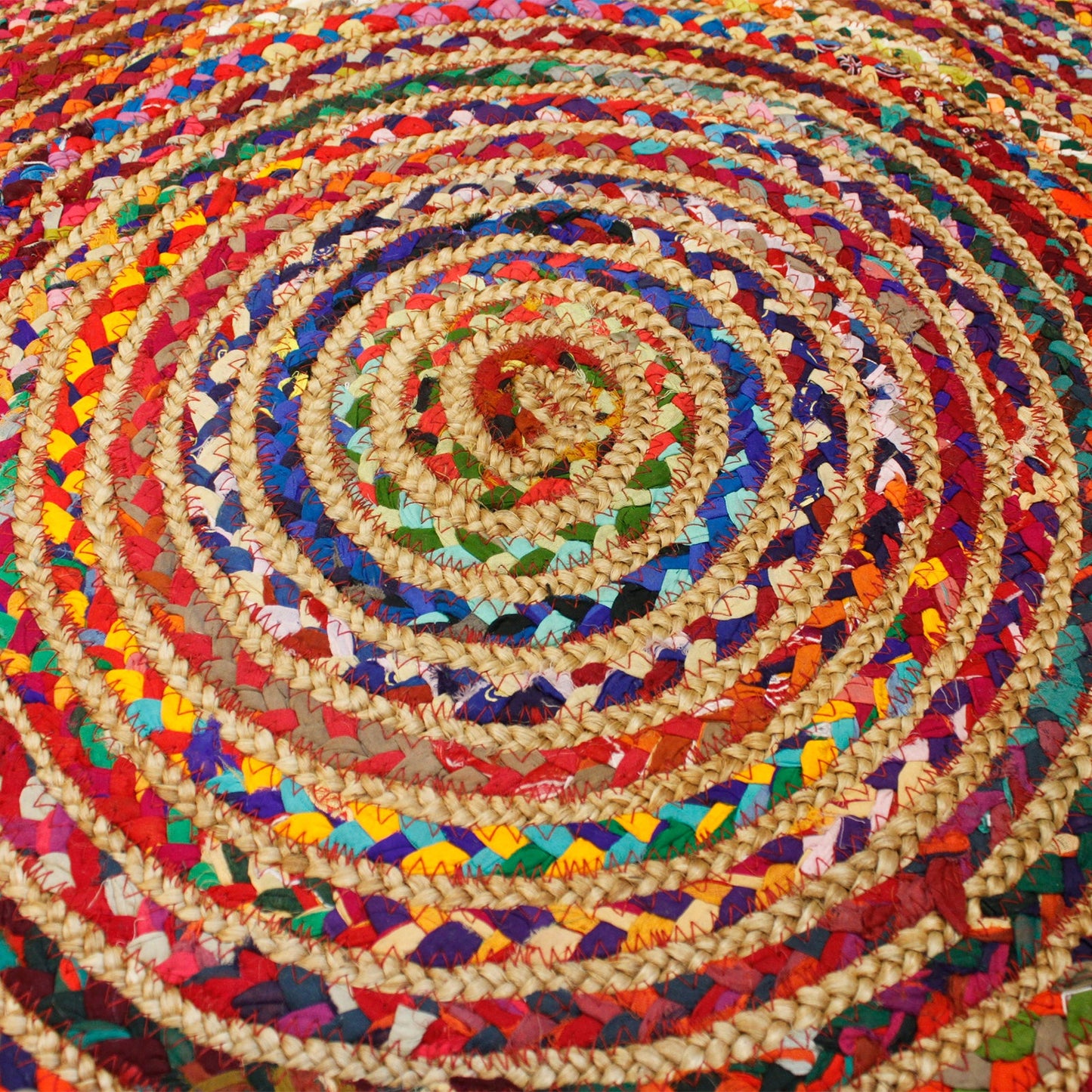 Handmade Round Jute and Recycled Cotton Rug - 150cm product packaging on clean background from Quintessential Holistic Health Ltd