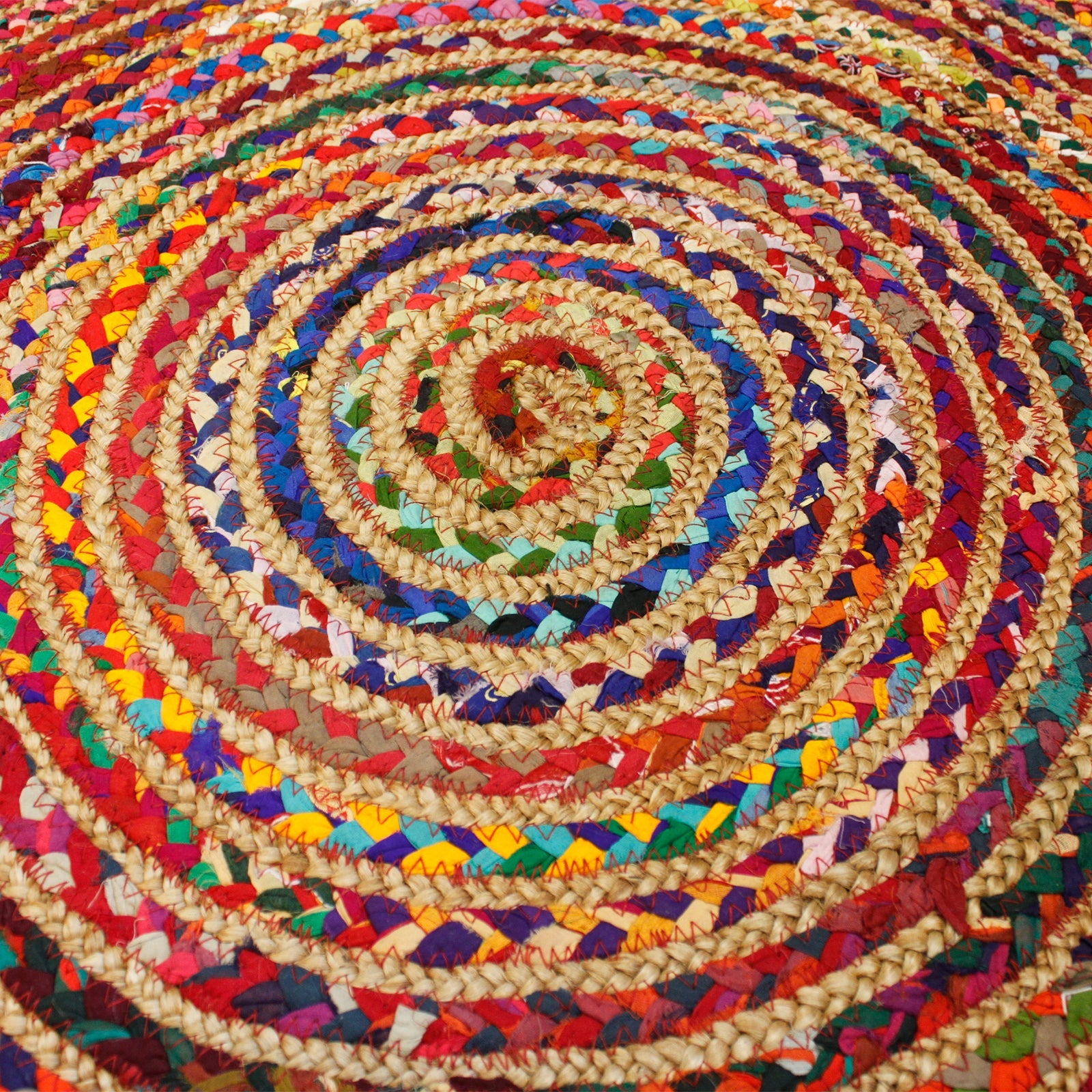 Handmade Round Jute and Recycled Cotton Rug - 150cm product packaging on clean background from Quintessential Holistic Health Ltd