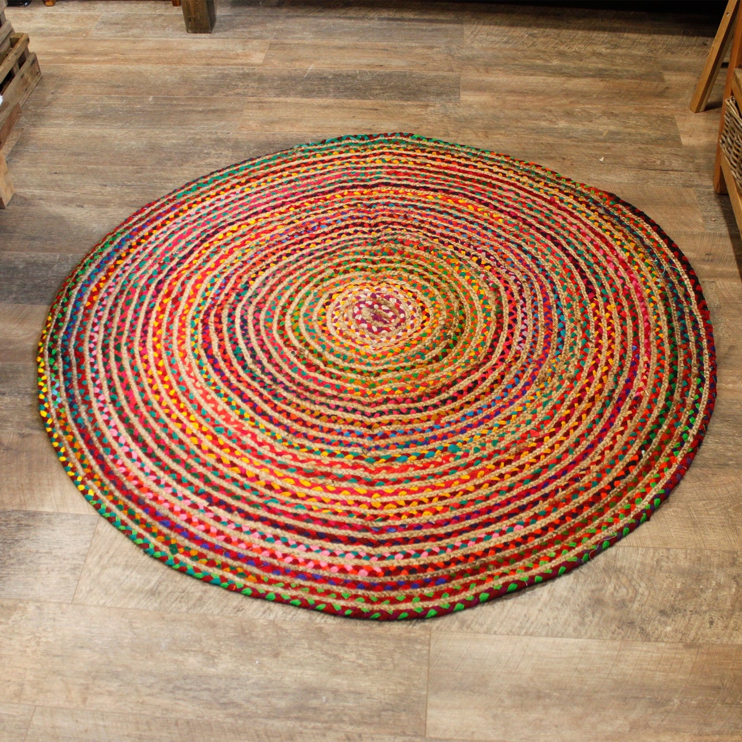 Handmade Round Jute and Recycled Cotton Rug - 150cm product packaging on clean background from Quintessential Holistic Health Ltd
