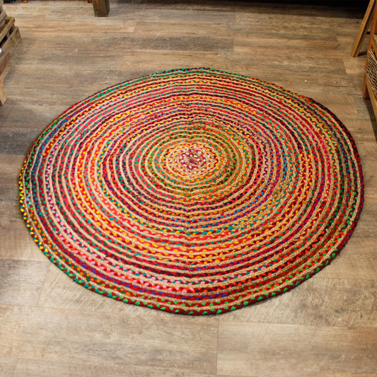 Handmade Round Jute and Recycled Cotton Rug - 150cm product packaging on clean background from Quintessential Holistic Health Ltd