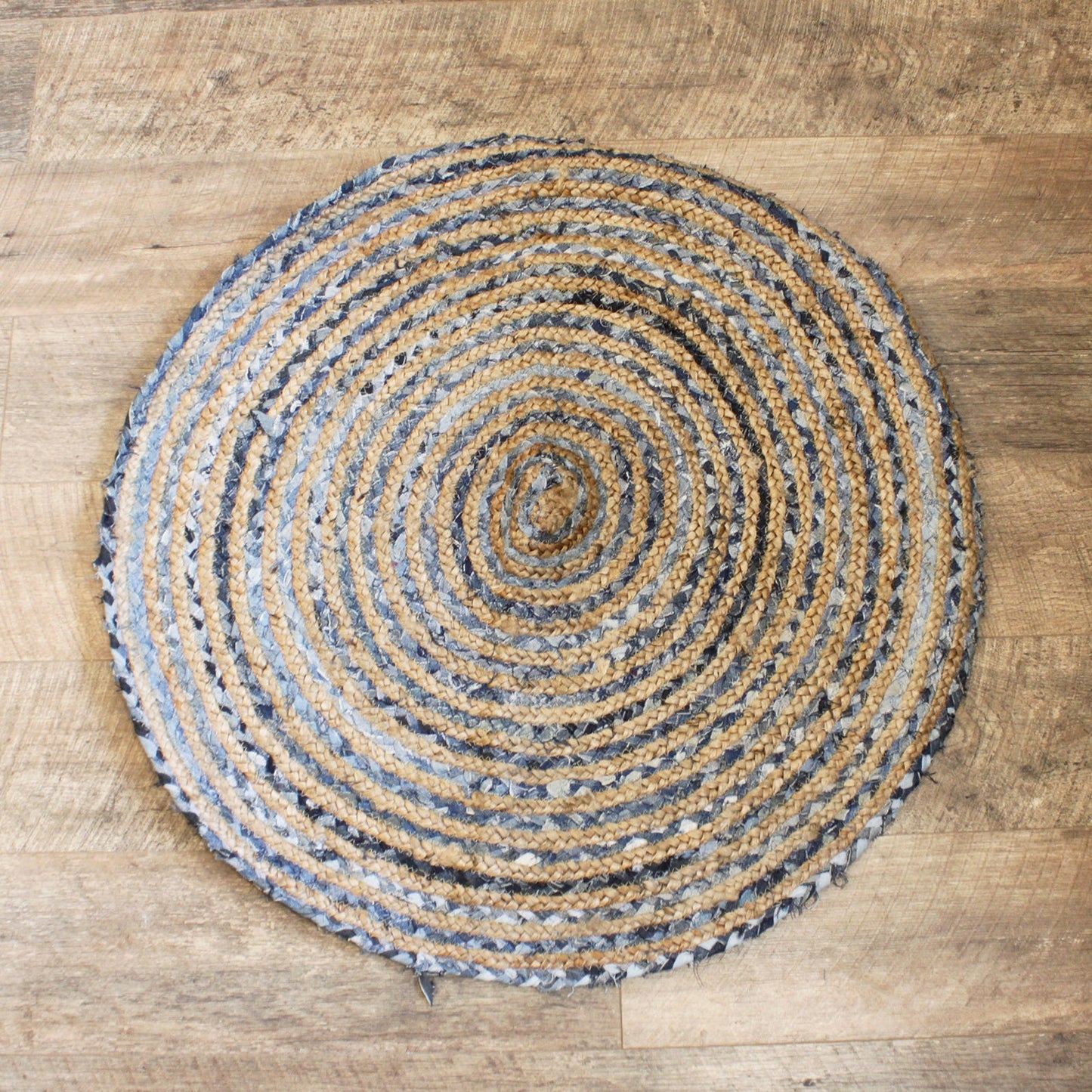 Handmade Round Jute and Recycled Denim Rug - 90cm product packaging on clean background from Quintessential Holistic Health Ltd