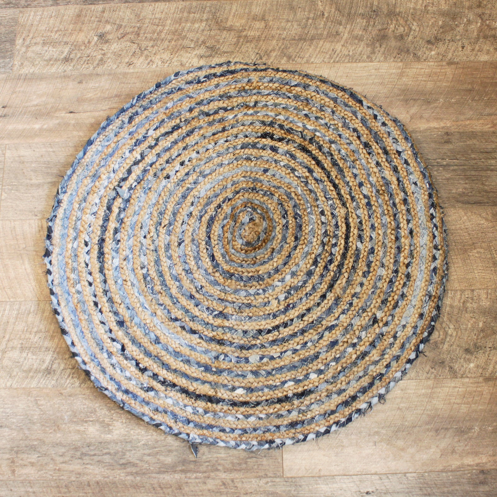 Handmade Round Jute and Recycled Denim Rug - 90cm product packaging on clean background from Quintessential Holistic Health Ltd