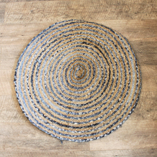 Handmade Round Jute and Recycled Denim Rug - 90cm product packaging on clean background from Quintessential Holistic Health Ltd
